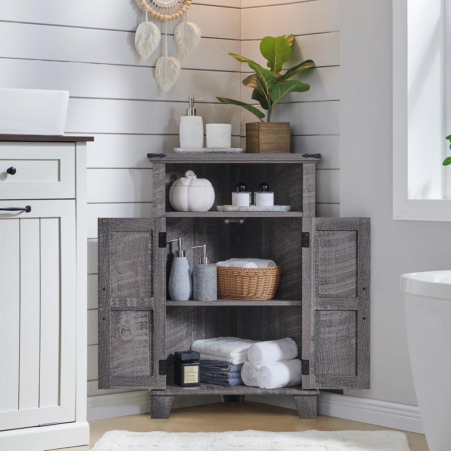 ACCOHOHO Corner Bathroom Cabinet, Farmhouse Small Corner Cabinet with Barn Door & Adjustable Shelf, Storage Cabinets for Bathroom, Kitchen, Living Room, Grey Wash