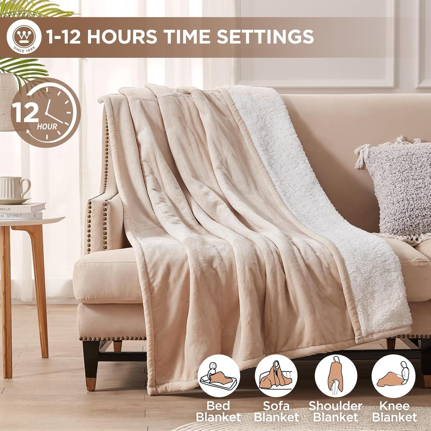 Westinghouse Full Size Heated Blanket, Soft Flannel & Sherpa, 10 Heating Levels, Auto Shut Off, Machine Washable, Beige, 72x84 Inch