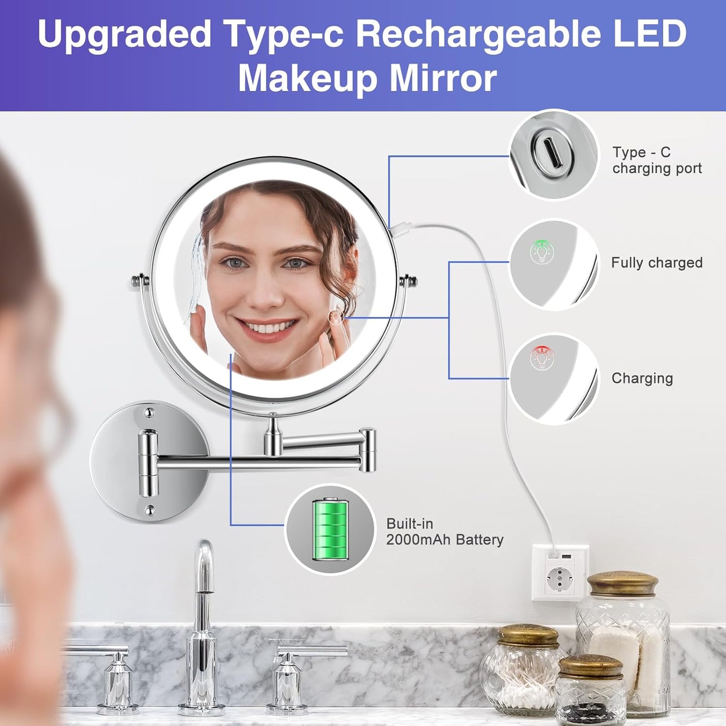 Wall Mounted Lighted Makeup Mirror: 8.5 Inch Double Sided Makeup Mirror with 1X/15X Magnification for Vanity, Bathroom, and Shaving - Chrome