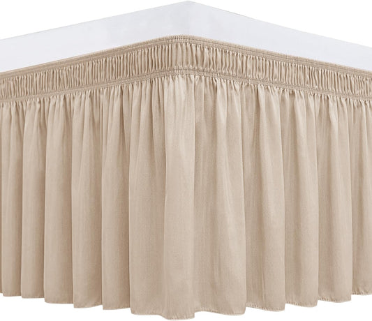 Biscaynebay Wrap Around Bed Skirts for Queen Beds 19" Long Drop, Sand Adjustable Elastic Dust Ruffles Easy Fit Wrinkle Resistant Silky Luxurious Fabric Machine Washable