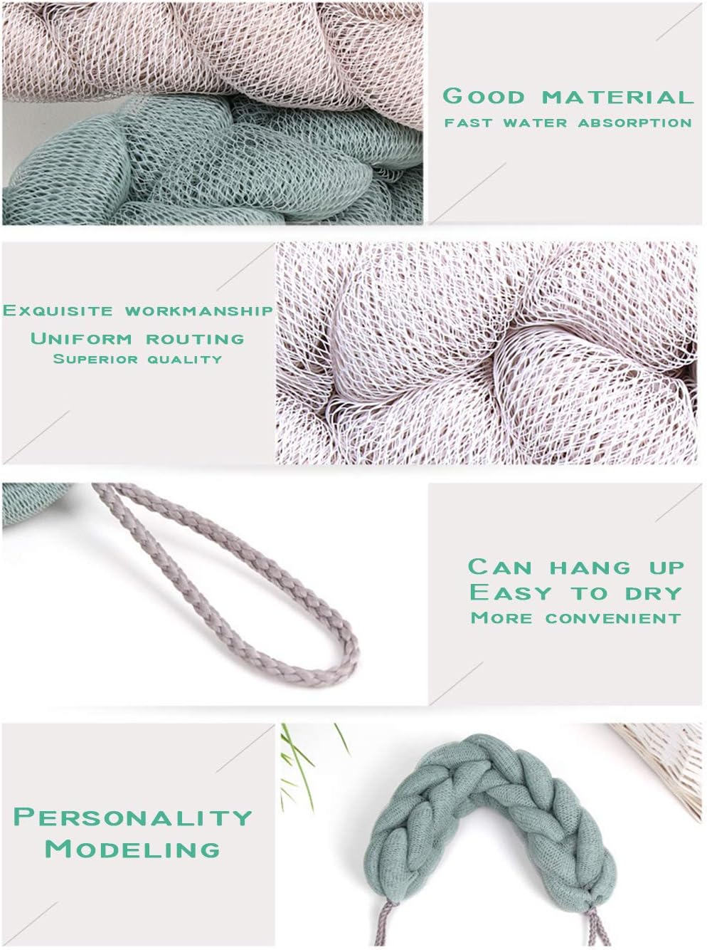 AARainbow 2 Packs Long Stretch Back Sponge with Rope Handles Back Scrubber Bath Shower Mesh Sponge Exfoliating Body Scrub Stretch Braided Loofah for Men and Women (2 Gray)