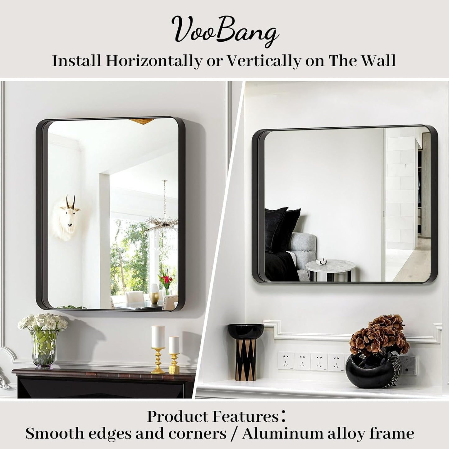 VooBang Bathroom Mirror 30x40 inch, Black Gorgeous Deep Frame Wall Mirror, Modern Round Corner Bathroom Vanity Mirror for Bedroom, Living Room, Hanging or Leaning Horizontal or Vertical, Black