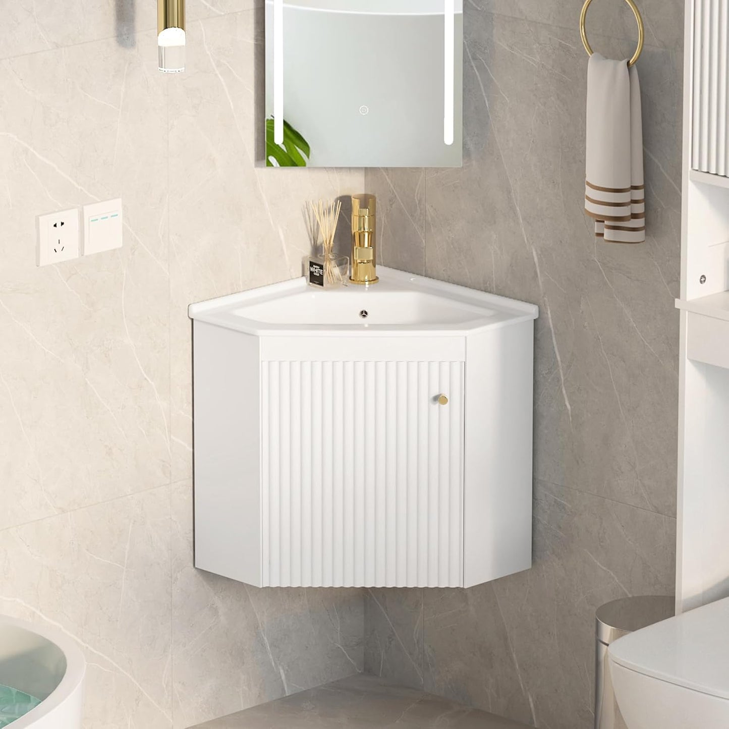 Corner Bathroom Vanity Sink Cabinet 24", Wall Mount Floating for Small Bathroom, White Ceramic Top (Faucet Not Included) (Wave Pattern)