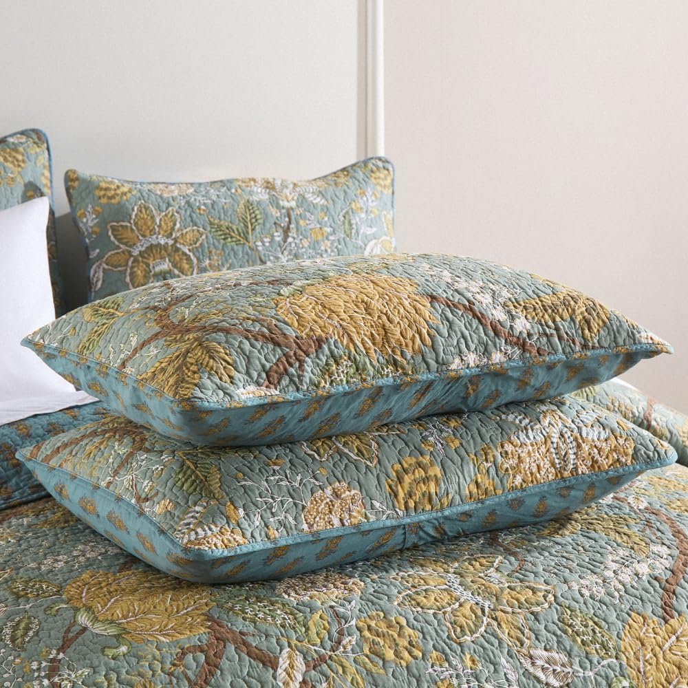 ENASAL Cotton Bedspread Quilt Sets Reversible Bedding Coverlet Sets Comforter, Vintage Floral Farmhouse Pastoral Turquoise Bedspread, King Size