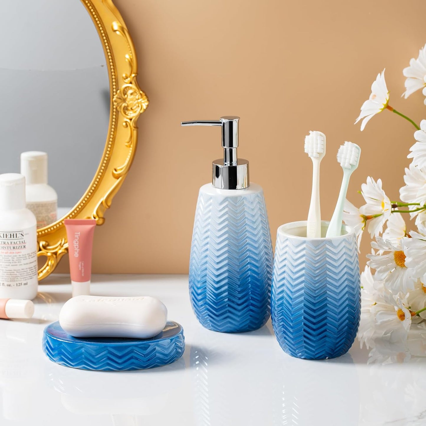 Blue Bathroom Accessories Set, 3 Pcs Ceramic Bathroom Decor Contain Toothbrush Holder,Soap Dispenser, and Soap Dish.