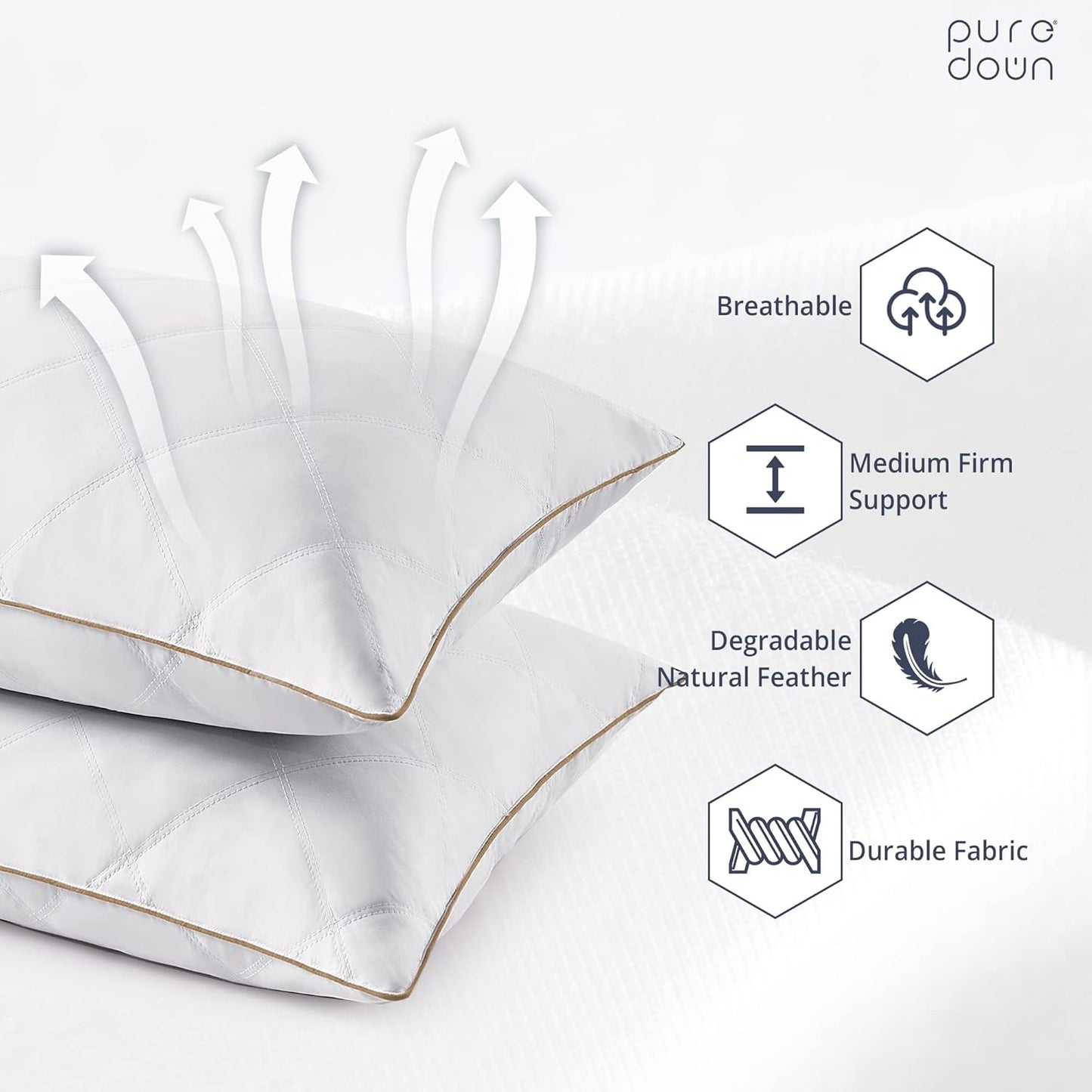 puredown® Goose Feathers and Down Pillow with Diamond Quilting with 100% Cotton Cover, Pack of 2, Queen Size