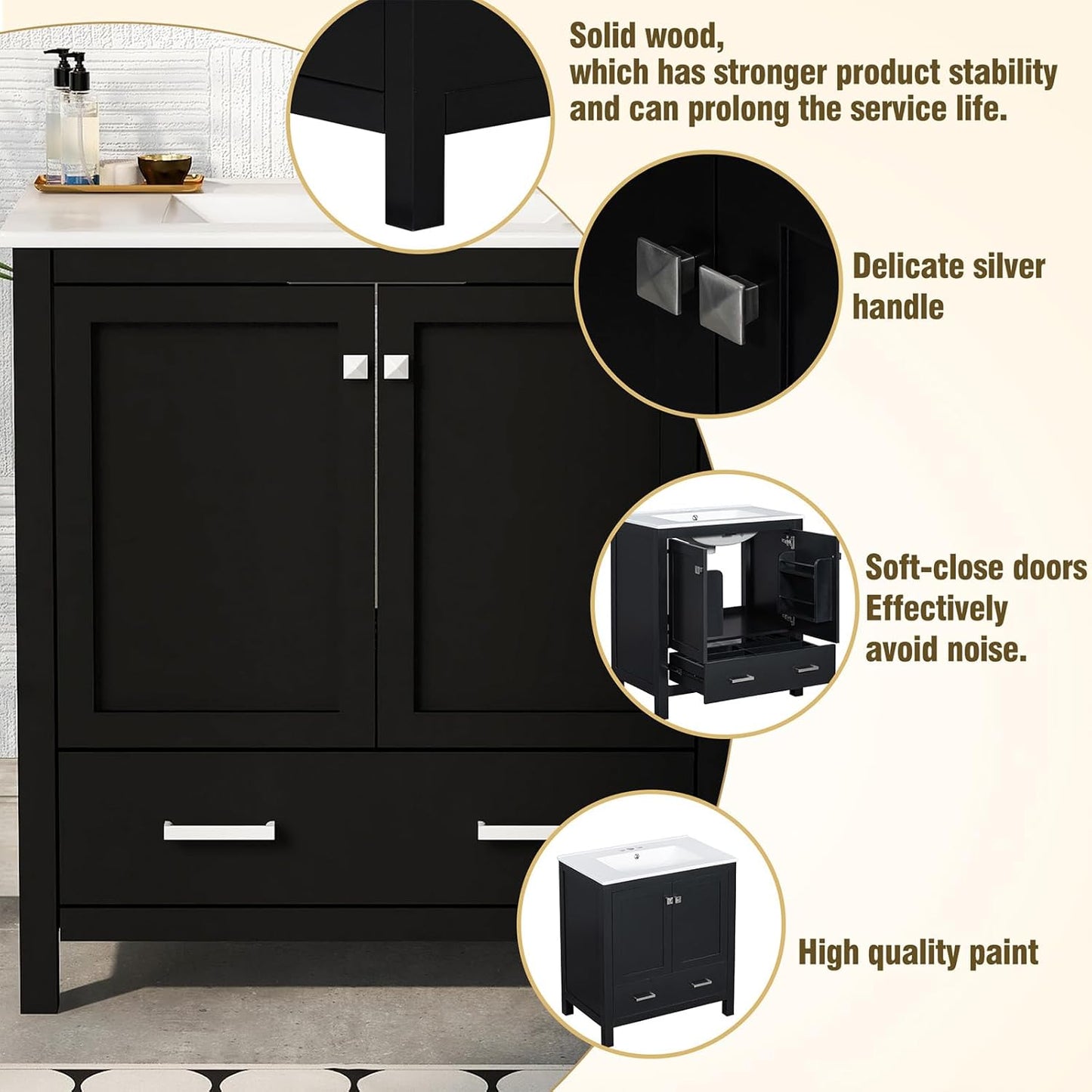 60" Bathroom Vanity Set with Double Vanities, Double Ceramic Sinks, Storage Shelf, Soft Closing Doors, Divided Drawers (Mirror not Included), Large Bathroom Vanity Sink Set (Black)
