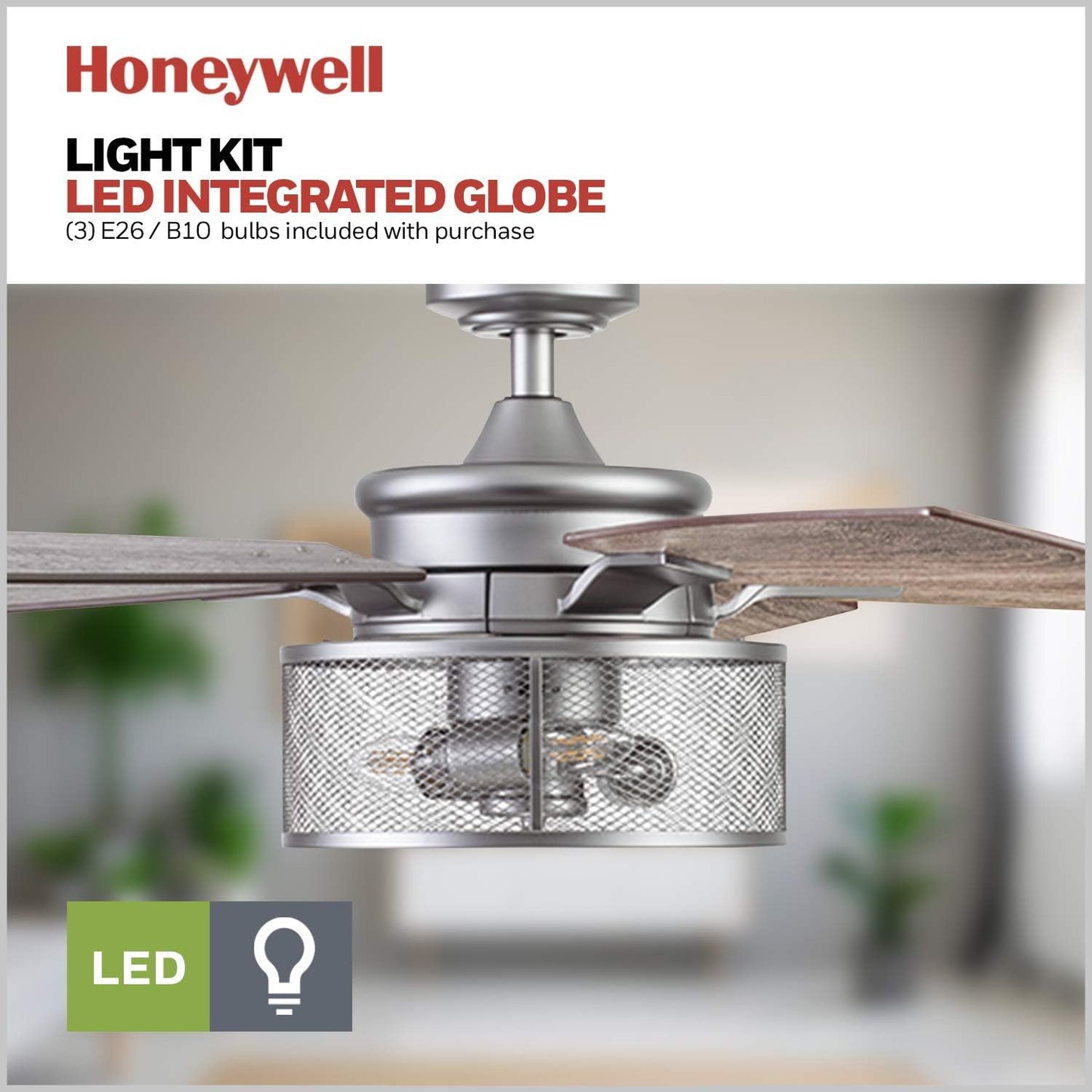 Honeywell Ceiling Fans Carnegie, 52 Inch Industrial Style Indoor LED Ceiling Fan with Light, Remote Control, Dual Mounting Options, 5 Dual Finish Blades, Reversible Airflow - 51460-01 (Silver)