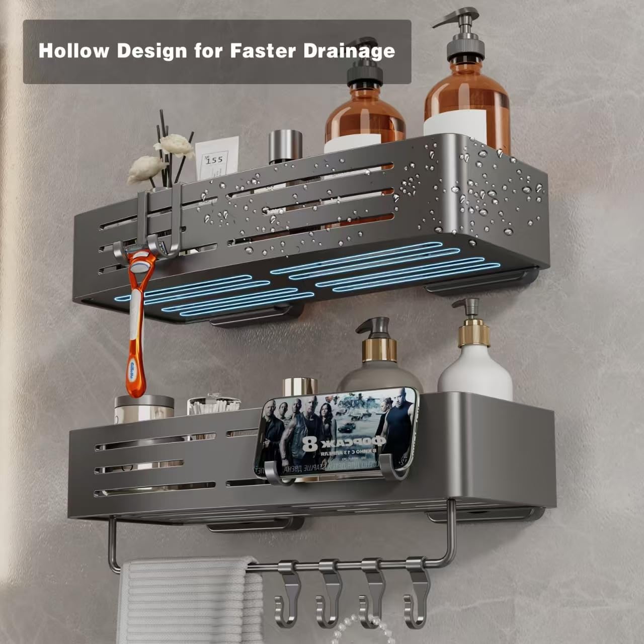 Voldra Adhesive Shower Caddy, 2 Pack Shower Shelves for Inside Shower No Drilling, Aluminum Stick On Showers Organizer with Towel Bar & Hooks Removable Bathroom Shelf Storage Rack(Gray)