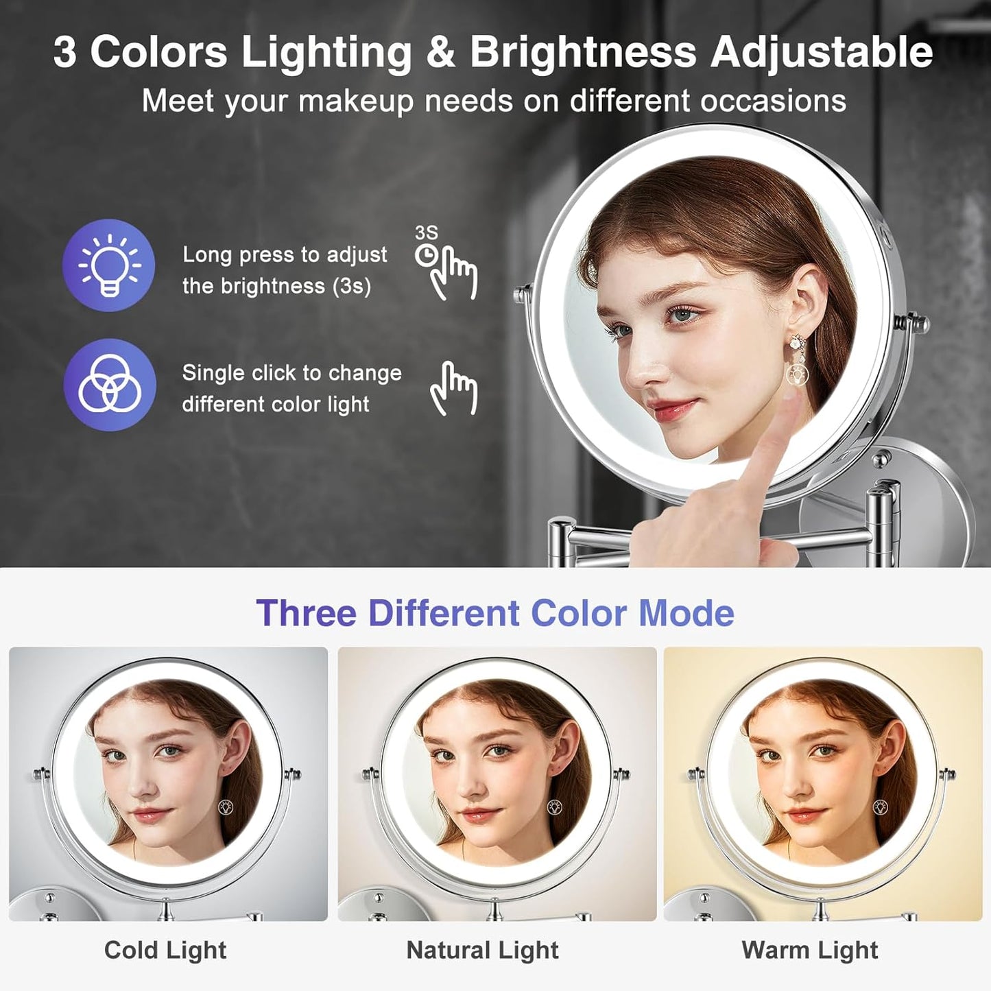 Wall Mounted Lighted Makeup Mirror: 8.5 Inch Double Sided Makeup Mirror with 1X/15X Magnification for Vanity, Bathroom, and Shaving - Chrome