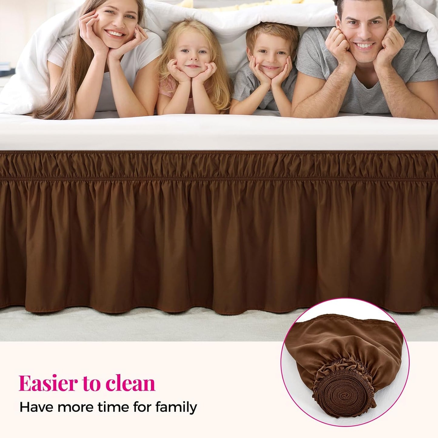 RIMELA Bed Skirt Queen Size 15 Inch Drop, Elastic Bed Skirting for Bed Base and Frame, Bedding Dust Ruffle Easy to Install, Wrap Around Adjustable Bedskirt, Chocolate Brown