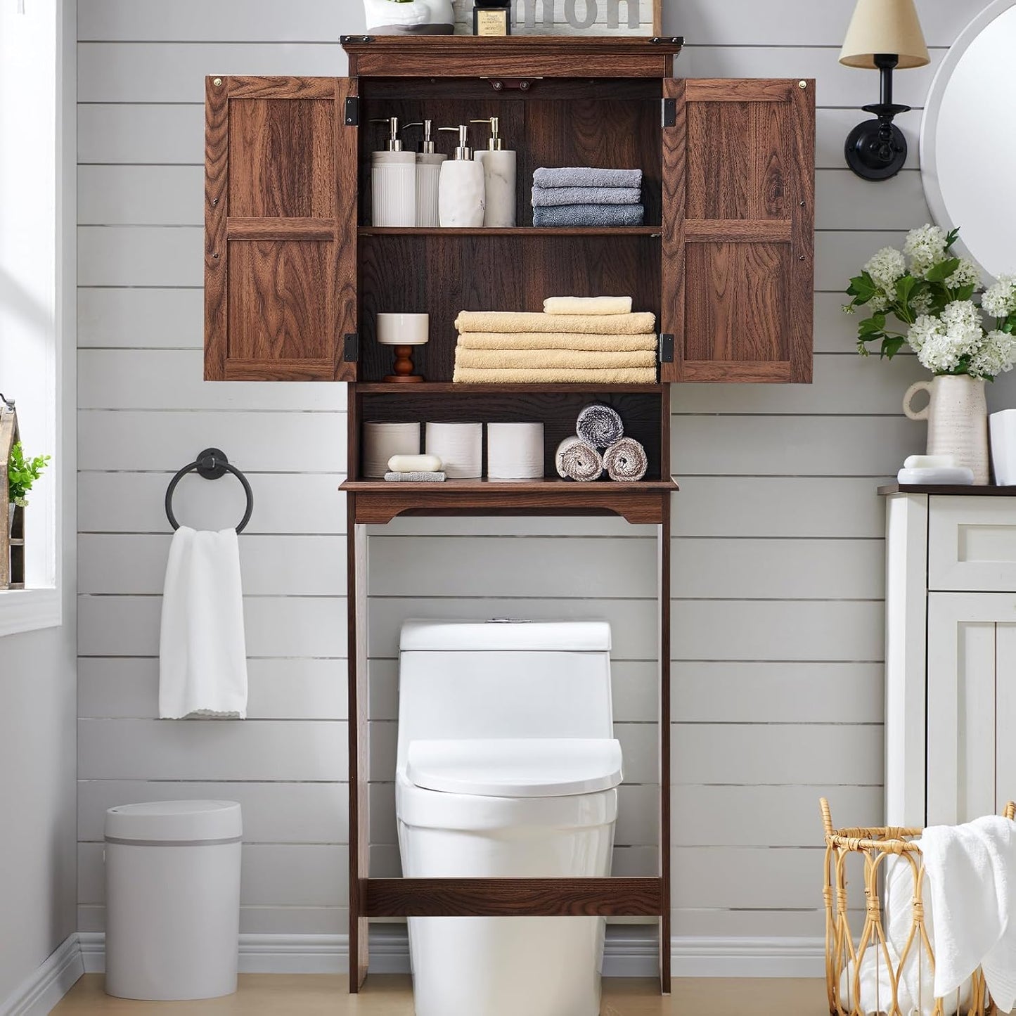 ACCOHOHO Over The Toilet Storage Cabinet, Farmhouse Bathroom Cabinet with Adjustable Shelf & Barn Door, 67" Tall Over The Toilet Shelf, Brown