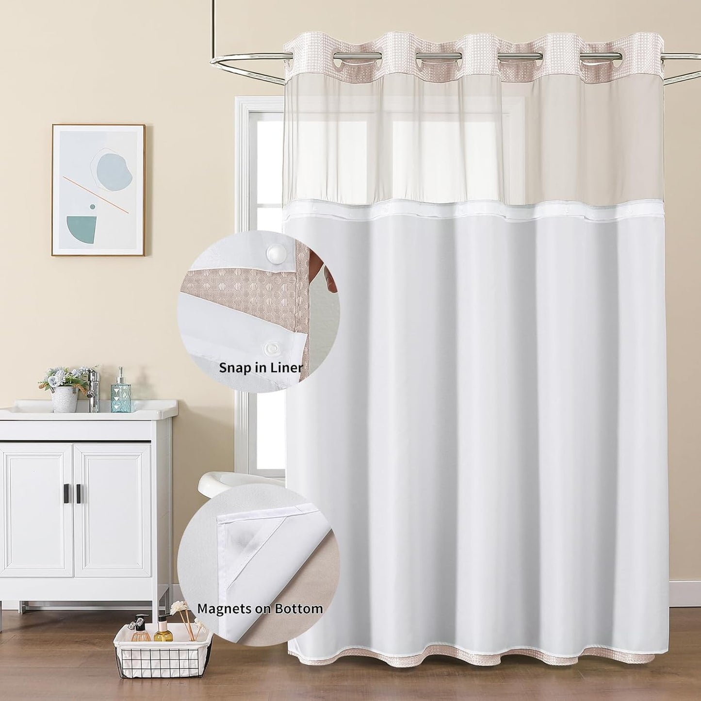 No Hook Shower Curtain with Snap in Fabric Liner, Waffle Weave Heavy Duty Thick Shower Curtains with Mesh Top Window, Hotel Style Waterproof Bathroom Curtain Set, 72 x 75 Inch, Blush Pink