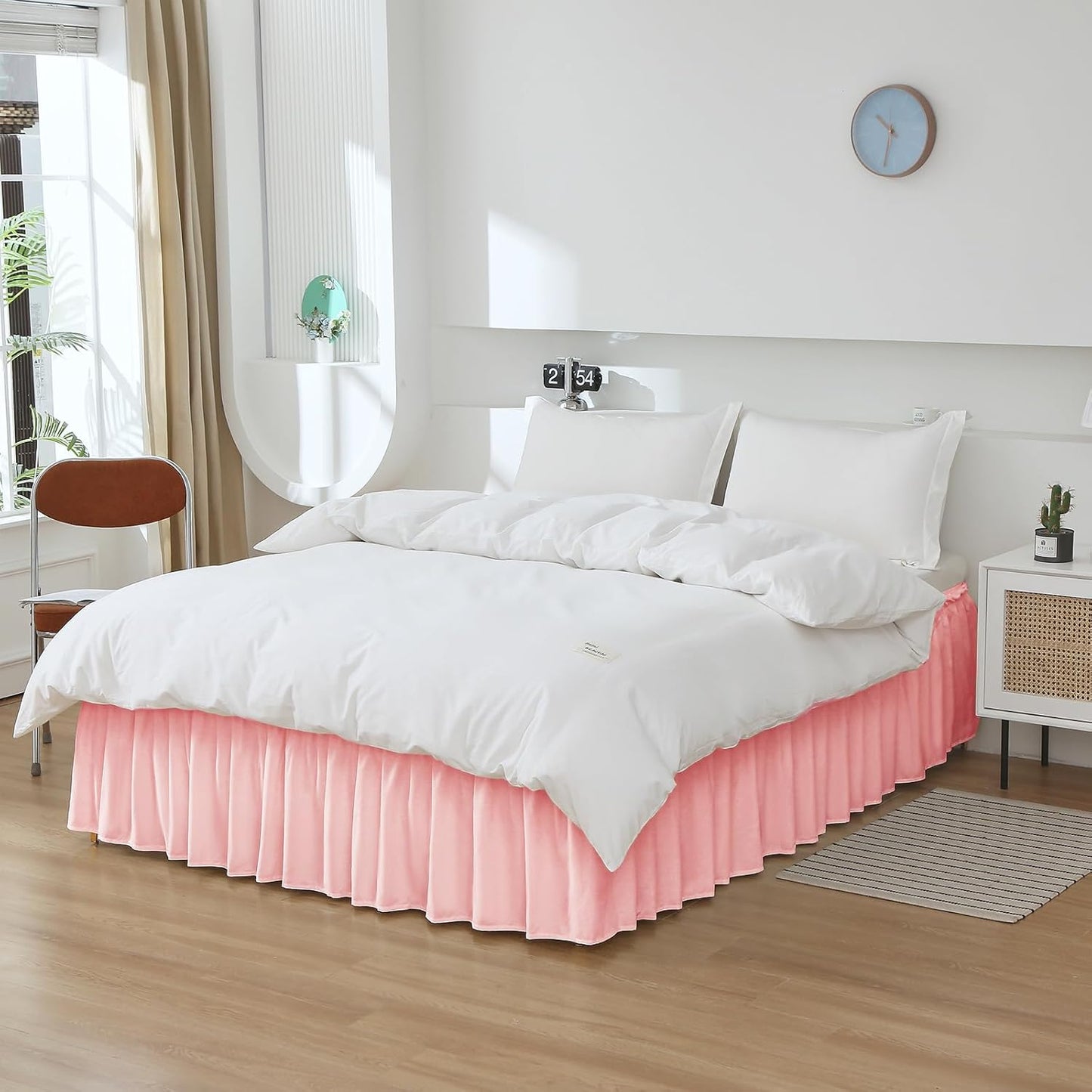 MEILA Wrap Around Bed Skirt Three Fabric Sides Elastic Dust Ruffled 16 Inch Tailored Drop,Easy to Install Fade Resistant-Pink, Queen/King