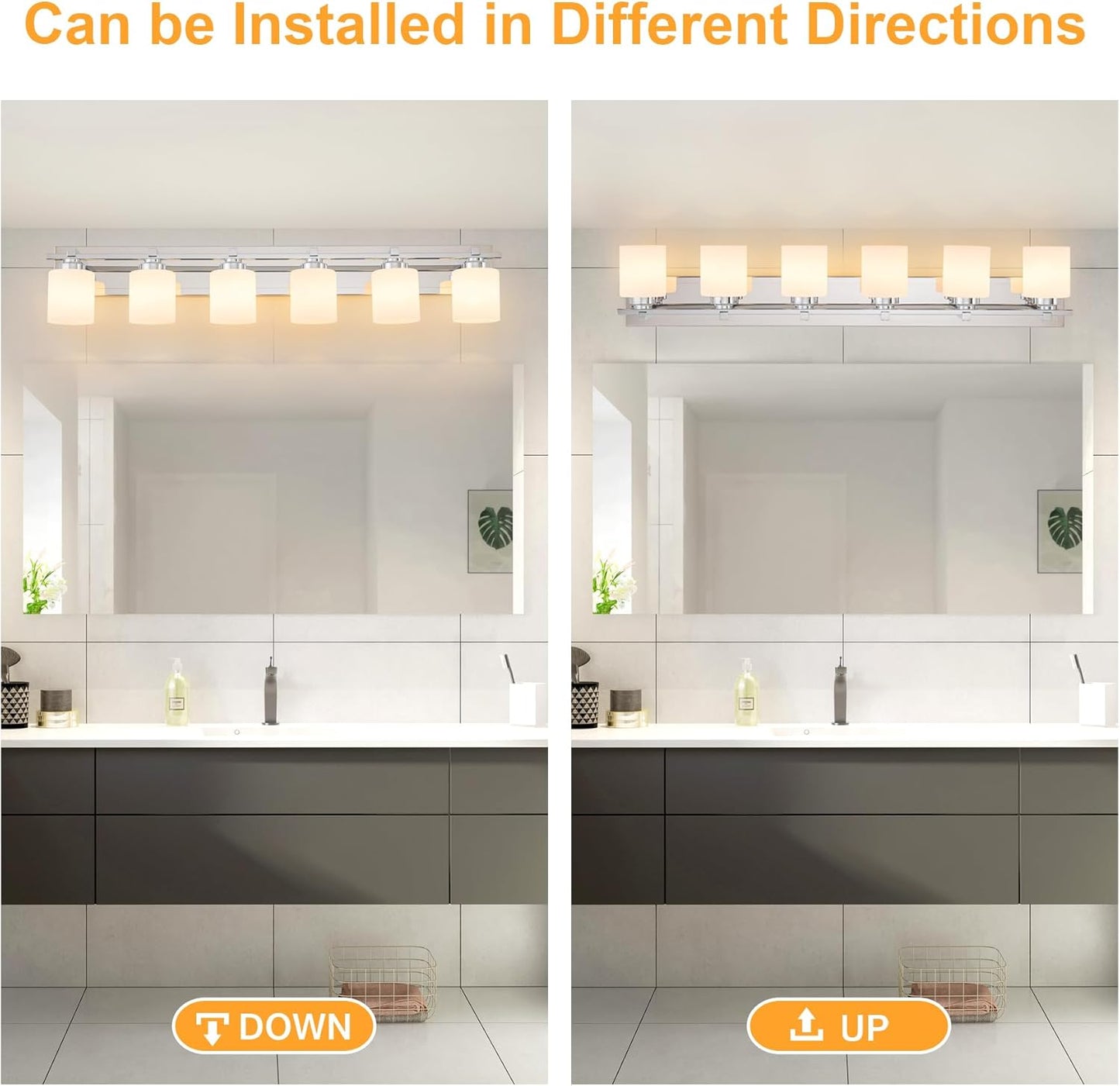 6 Light Modern Bathroom Light Fixtures Over Mirror, Chrome Vanity Lights for Bathroom Wall Sconces with Milky White Glass Shades, E26 Socket (Bulbs Not Included)