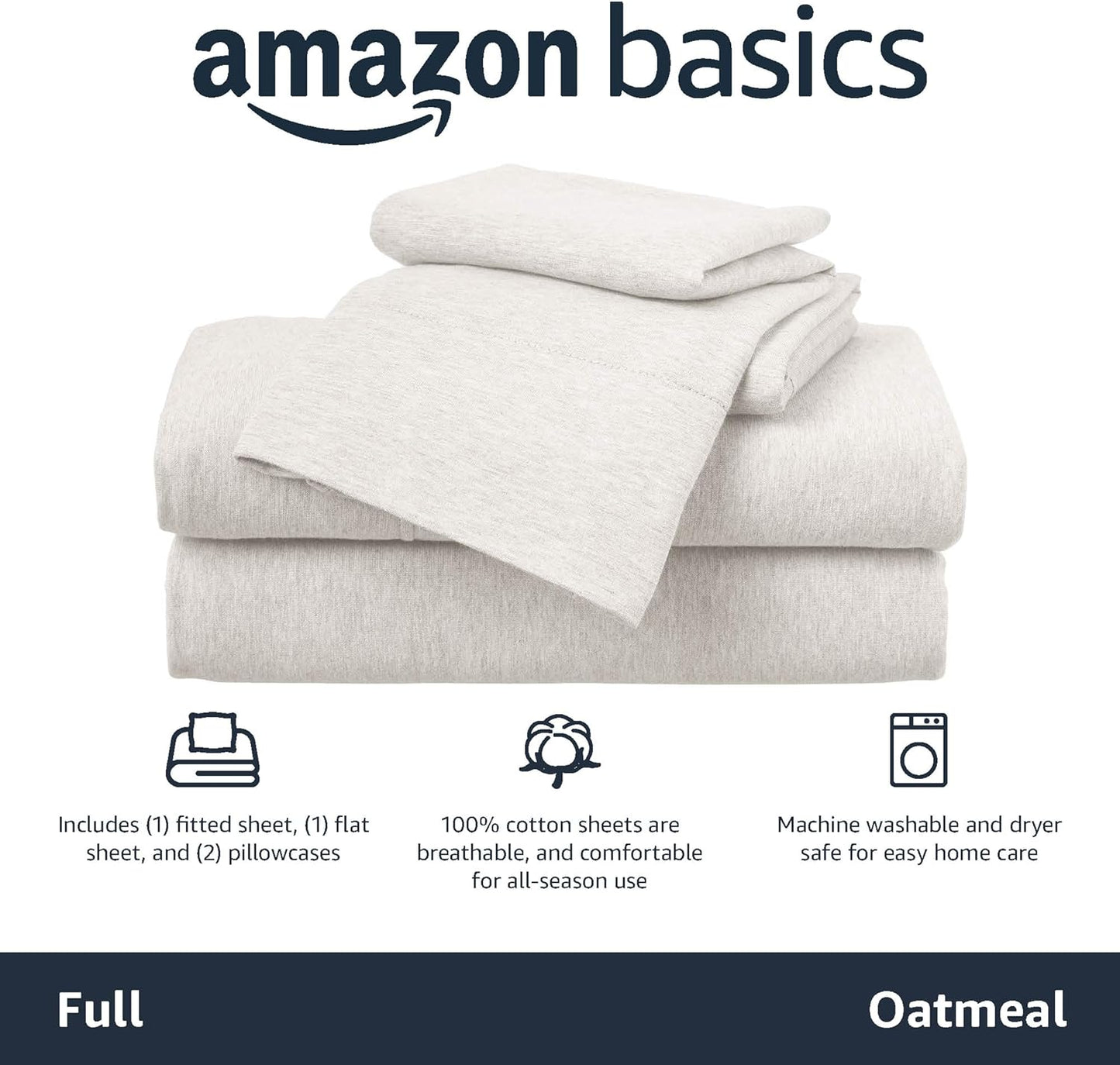 Amazon Basics 4 Piece Bed Sheets Set, 100% Cotton Jersey, Includes Super Soft, Flat and Fitted Sheets, Pillowcase, Full, Oatmeal, Solid