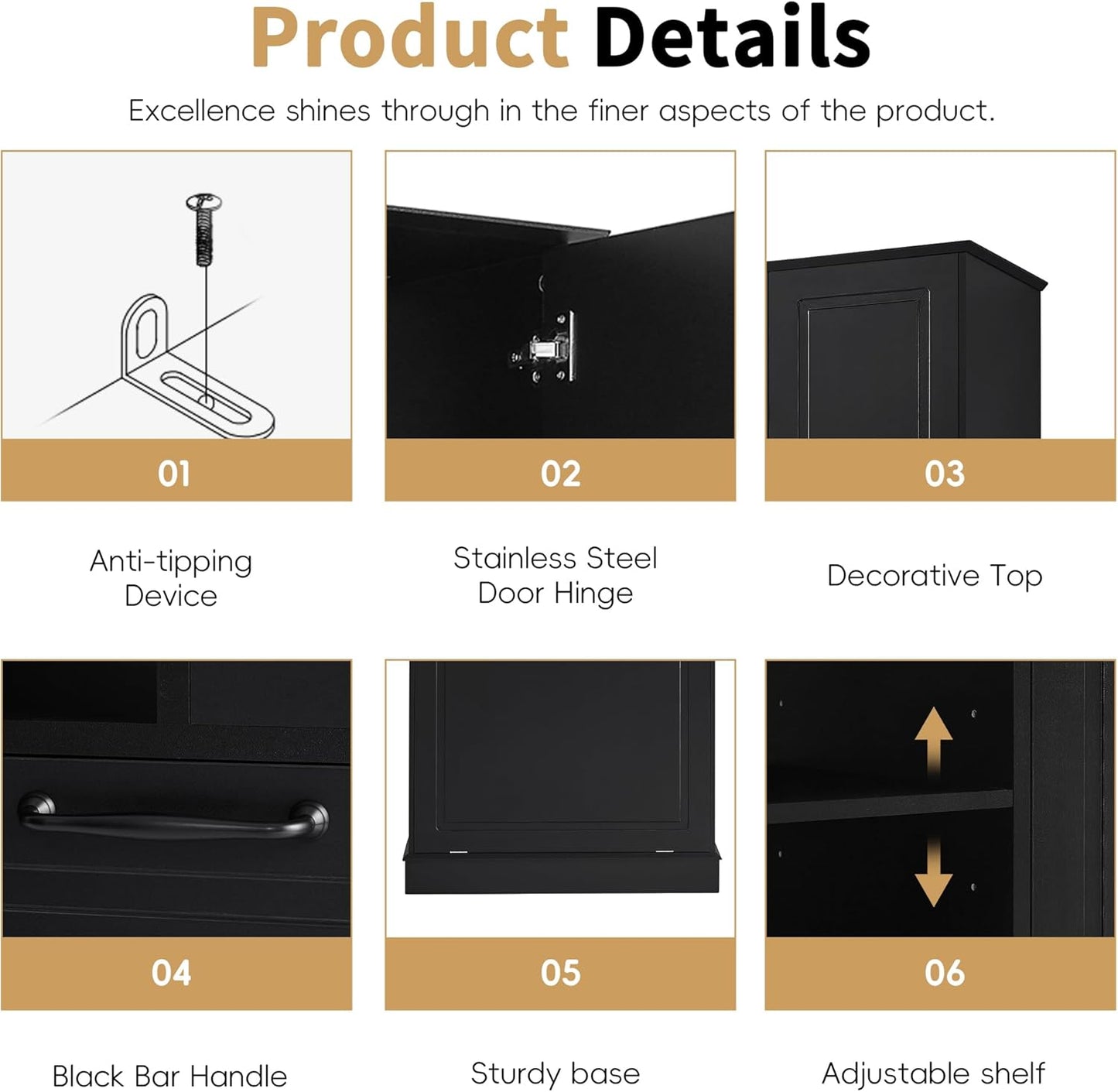 Tall Storage Cabinet with Adjustable Shelves & Flip-Out Basket, MDF Material with Aluminum Alloy Handles, Large Capacity for Bathroom, Kitchen, Living Room, Office Organizer, Black