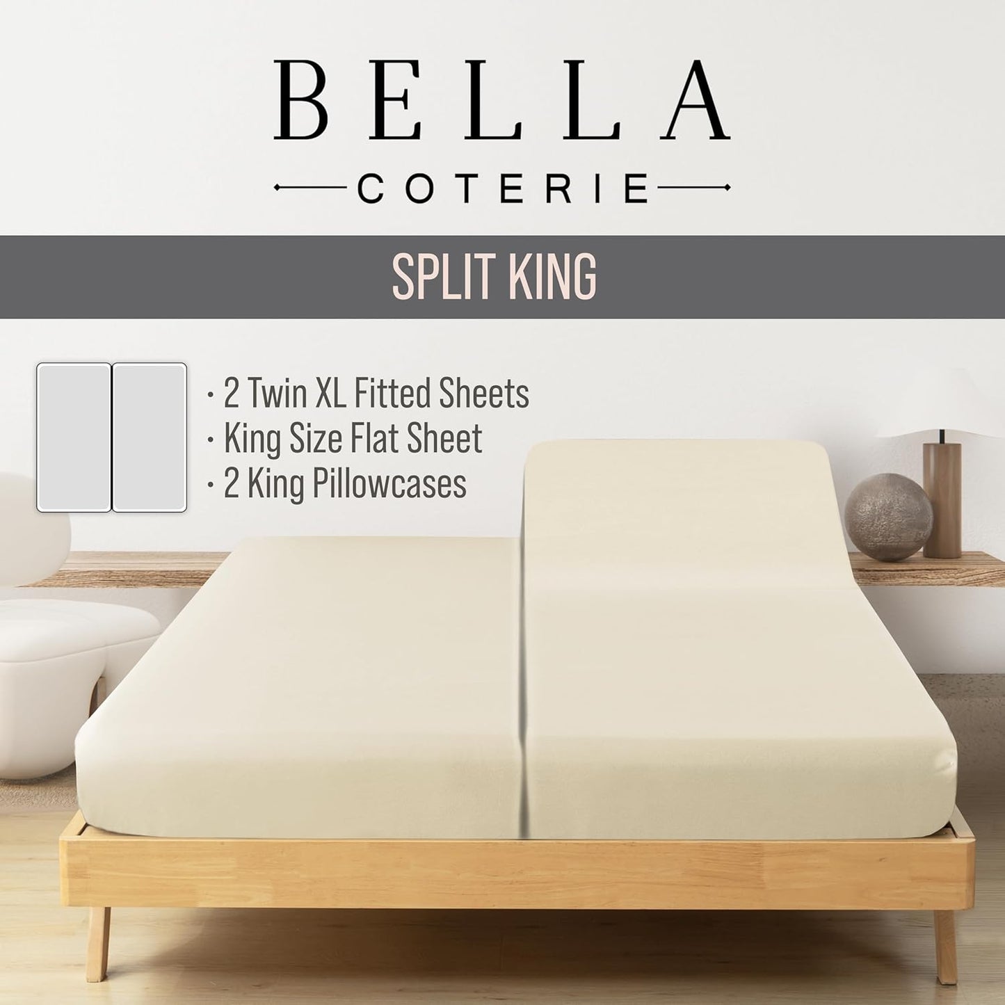 Bella Coterie Luxury Bamboo Viscose Split King Size Sheet Set | 2 Fitted Sheets for Sleep Number & Adjustable Beds | 100% Organically Grown | Cooling & Ultra Soft | 18” Deep Pocket [Ivory]