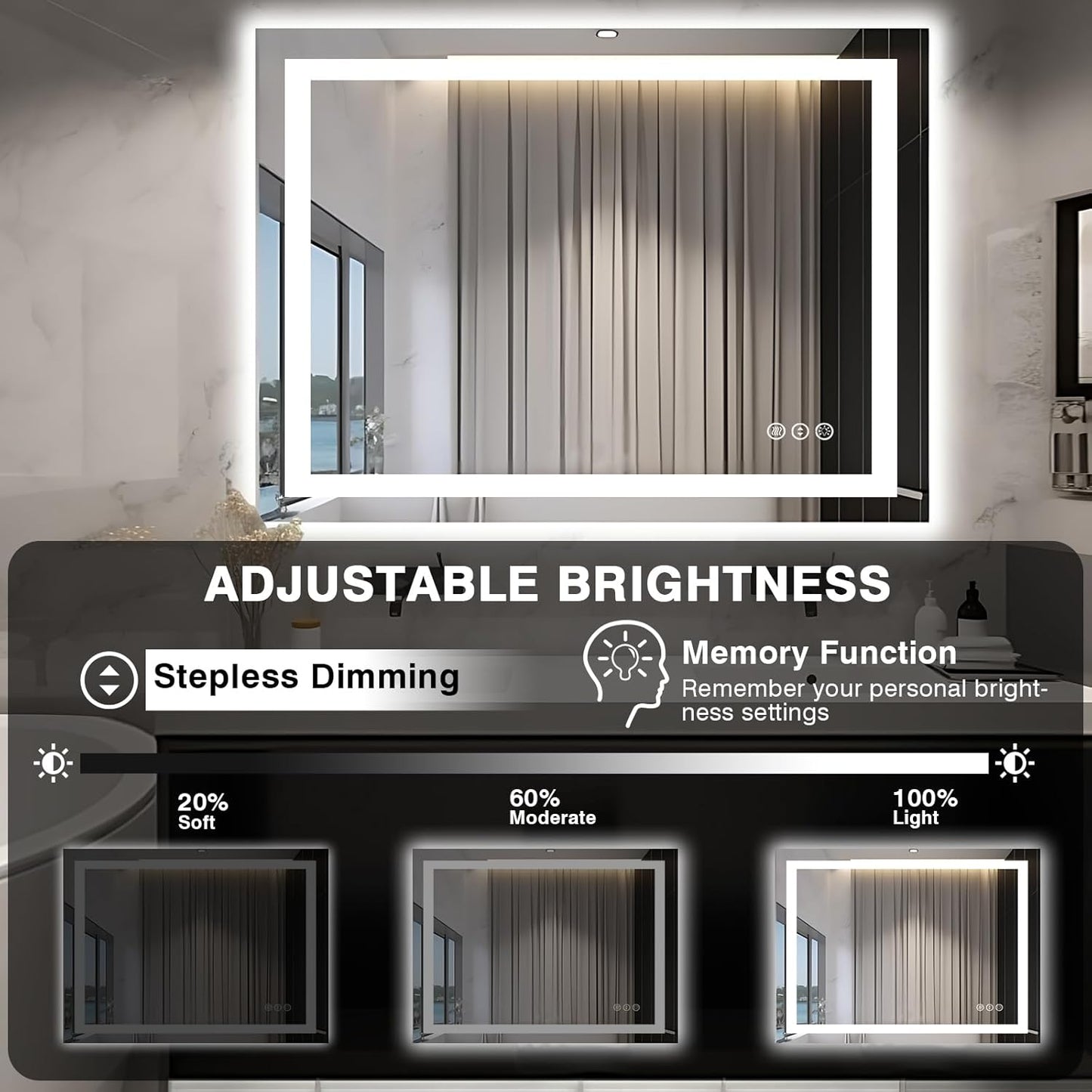 48"x40" LED Lighted Bathroom Mirror with Front Light and Backlit, Anti-Fog Bathroom Mirror with Lights, Stepless Dimmable LED Mirror, 3 Colors Smart Mirror (Horizontal/Vertical)