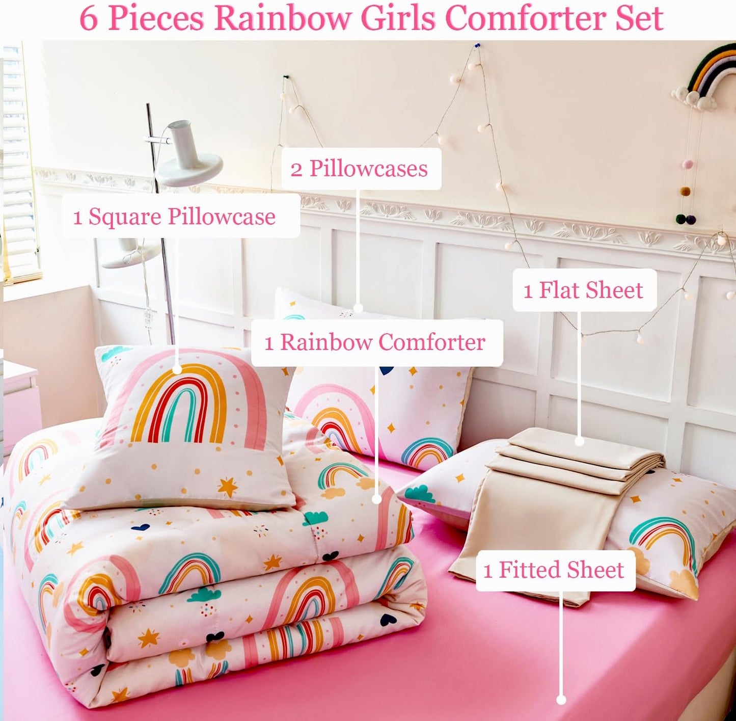 ANGIYUIN 6 Pieces Multi-Color Rainbow Full Bedding Set for Girls Kids Cute Cloud and Love Hearts Girls Comforter Set Soft Microfiber Kid Bed in a Bag with Comforter, Sheets, Pillowcases