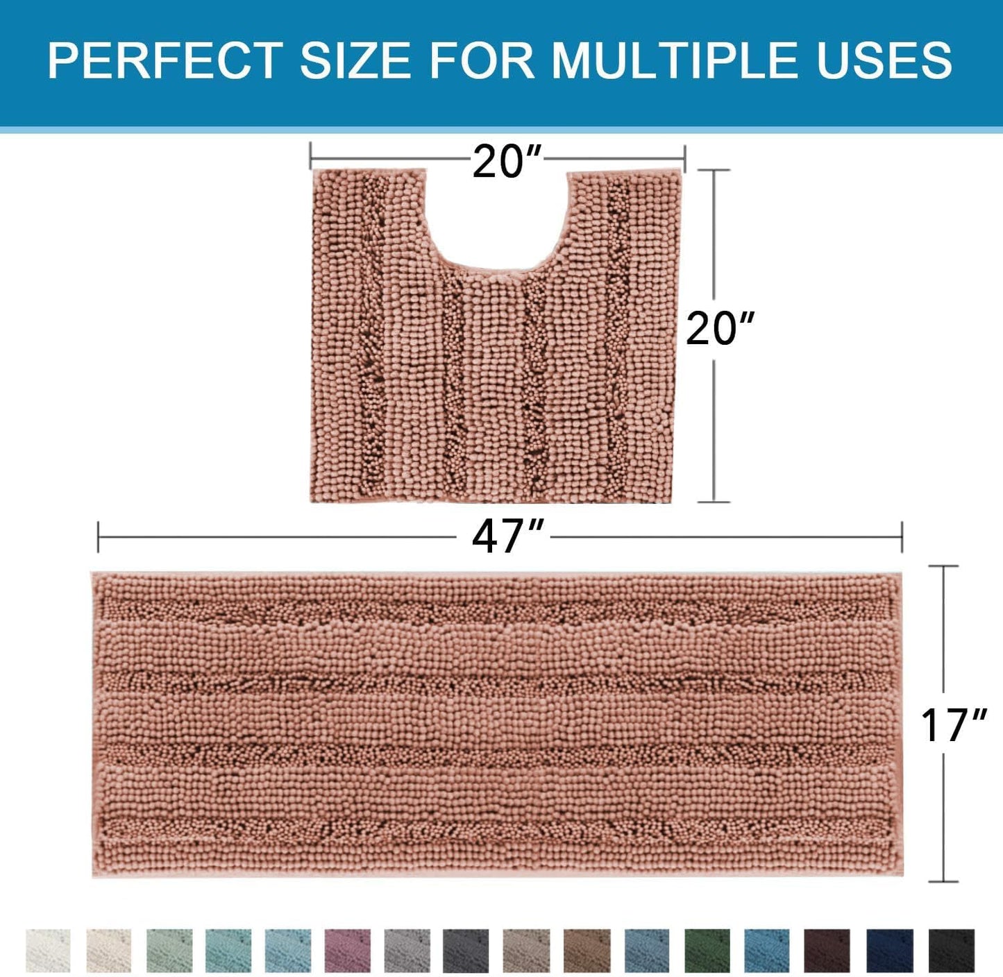 H.VERSAILTEX Bathroom Rugs Bath Rug Set 2 Piece Bathroom Contour Rug Toilet Mat Non Slip Contour Bath Rug Ultra Thick Water Absorbent Striped Bath Mats Washable(47" x 17" Plus 20" x 20" U, Muted Clay)