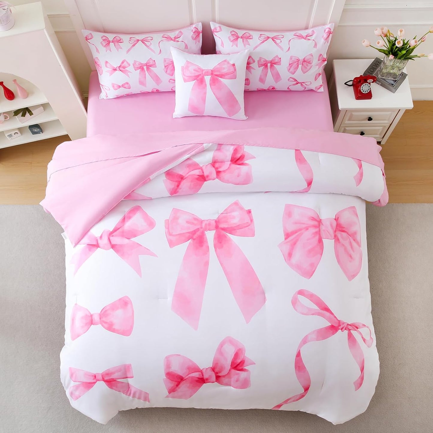 6 Pieces Full Comforter Sets with Sheets Pink Bed in a Bag for Girls,Bow Comforter Set,Bow Full Bedding Sets for Kids