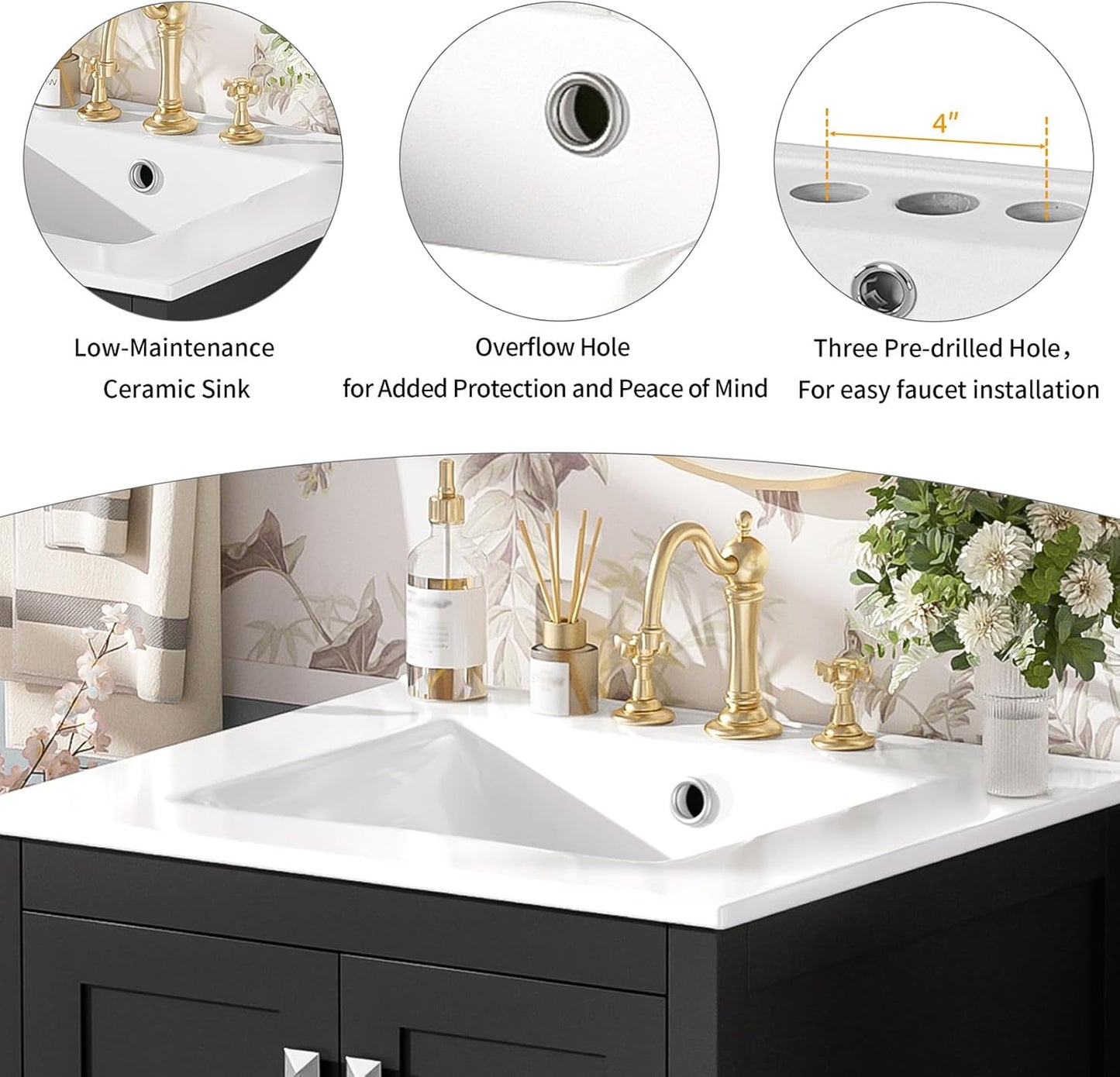 24" Bathroom Vanity with Sink Combo Set, Solid Wood Frame Bathroom Storage Cabinet with 2 Drawers and 1 Drawer, Double-layer Door Shelf, Soft Closing Cabinet Door with Organizer, Black