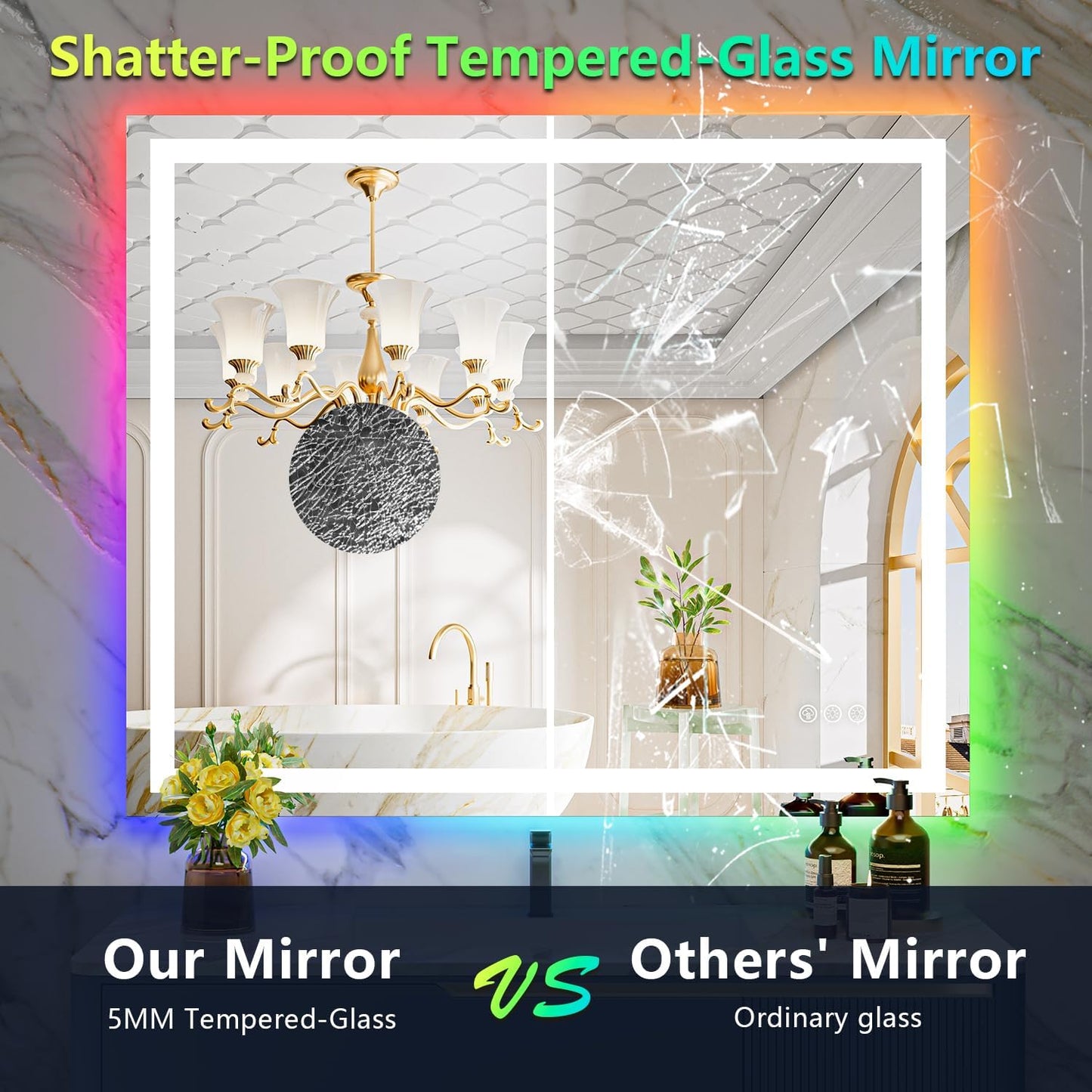 44x36 Inch RGB LED Bathroom Mirror Front Lit and RGB Backlit Lighted Vanity Mirror for Bathroom Wall Dimmable Anti Fog Memory Shatter-Proof IP54 Waterproof Horizontal/Vertical