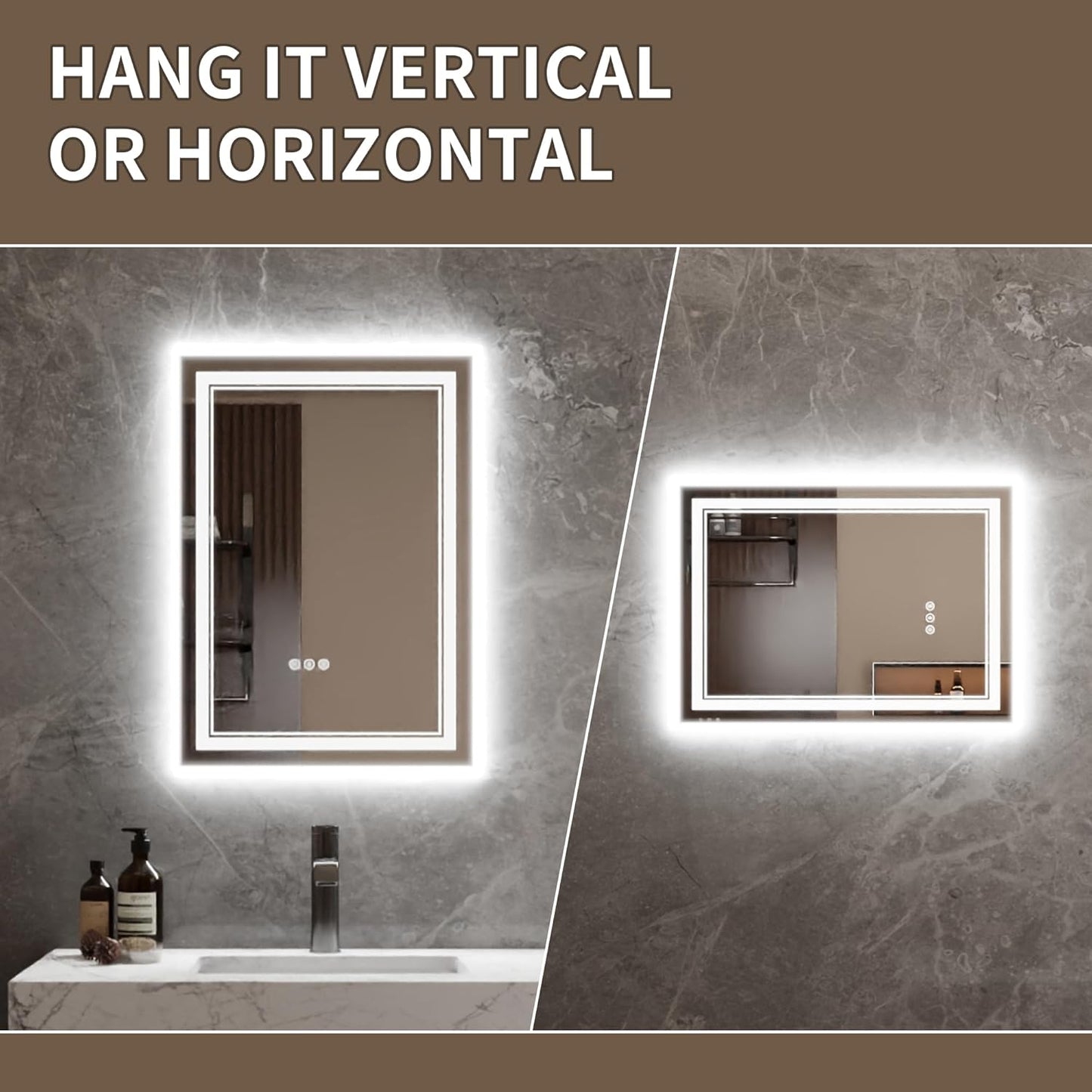 Bathroom Mirror with Lights 20"X28" with Front Light and Backlit, Tempered Glass, Wall Mount Horizontal/Vertical, Stepless Dimmable, 3 Colors, Anti Fog, Bathroom Memory LED Mirror