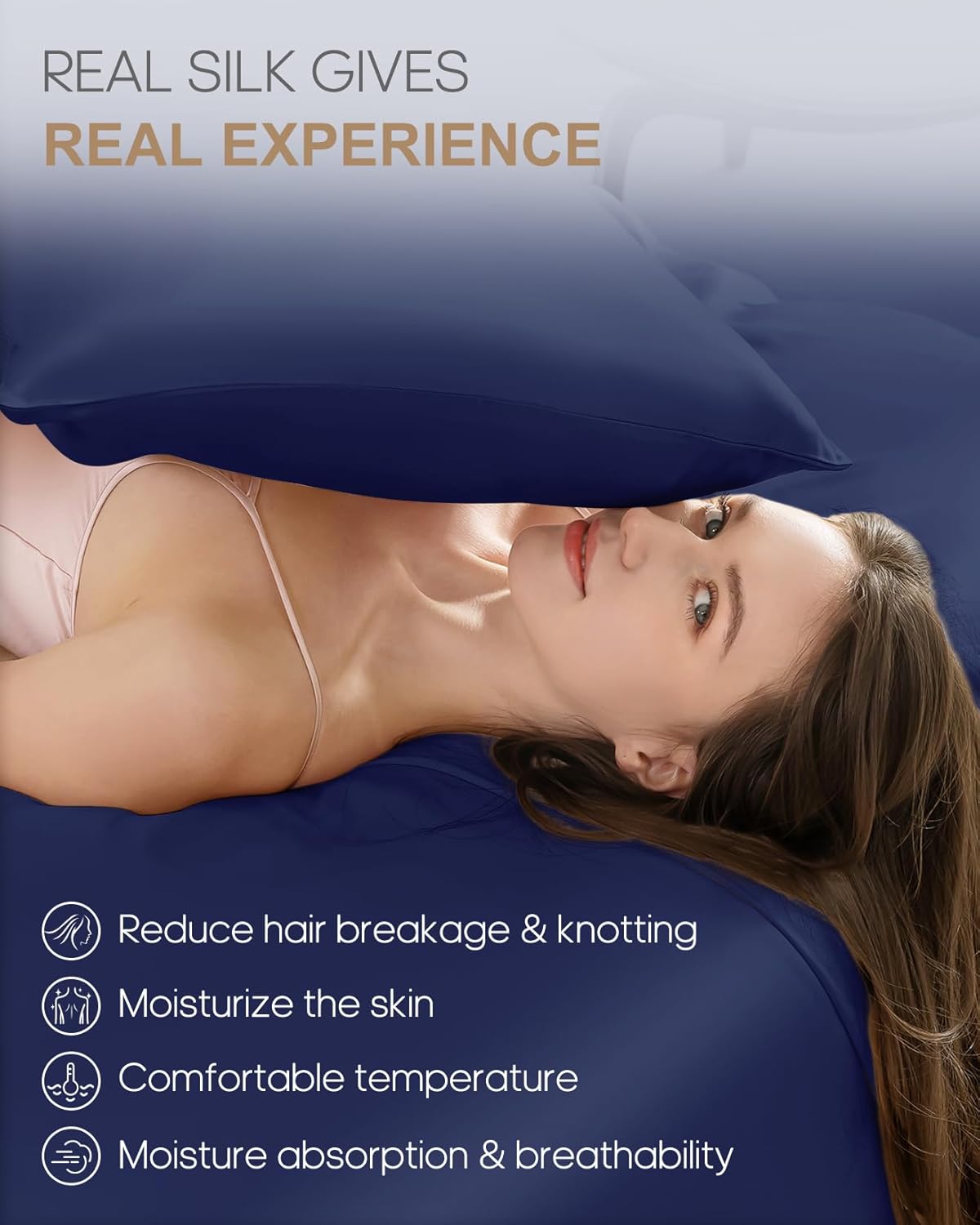 THXSILK Set of 2 100% Pure Mulberry Silk Pillowcases for Hair and Skin, Highest 6A Grade 22 Momme Silk Pillow Case Standard Size, Real Silk Pillowcases with Zipper (Navy Blue, Standard)
