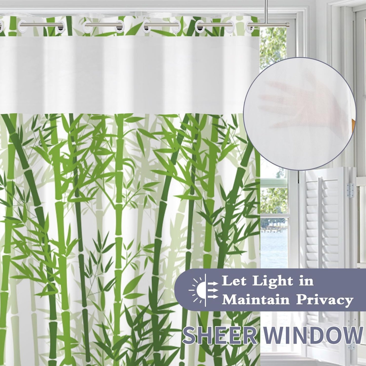 Bamboo Shower Curtain No Hooks with Snap-in Liner,Spring Bamboo Shower Curtains,Watercolor Fabric Green Shower Curtain Set,with See Through Top Window for Bathroom Decor,71 x 74 Inch