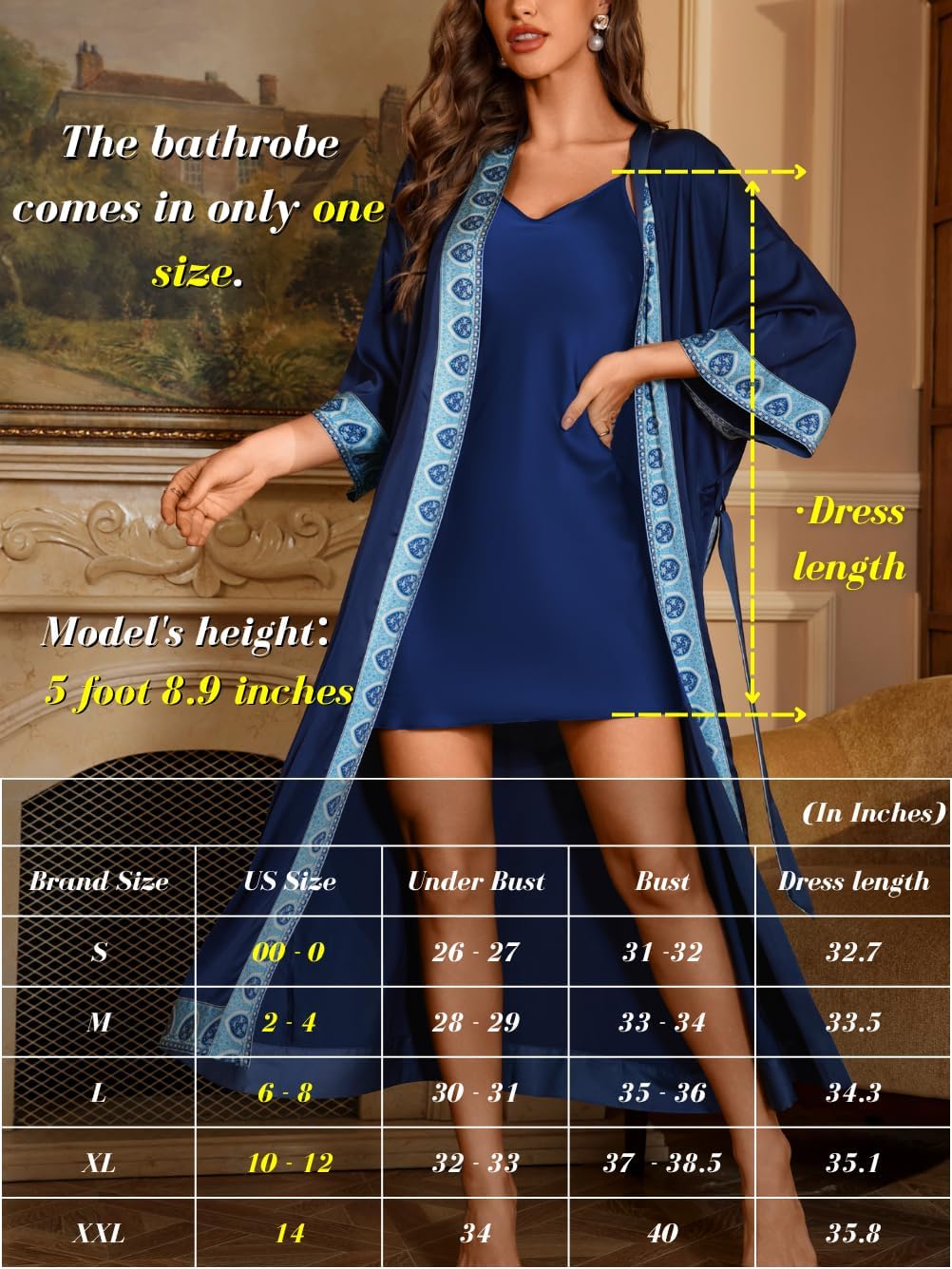 Satin Robe Sets For Women, 2-PC Lightweight Bathrobe, Silk Sleepwear Kimono Bridesmaid Sexy Robes