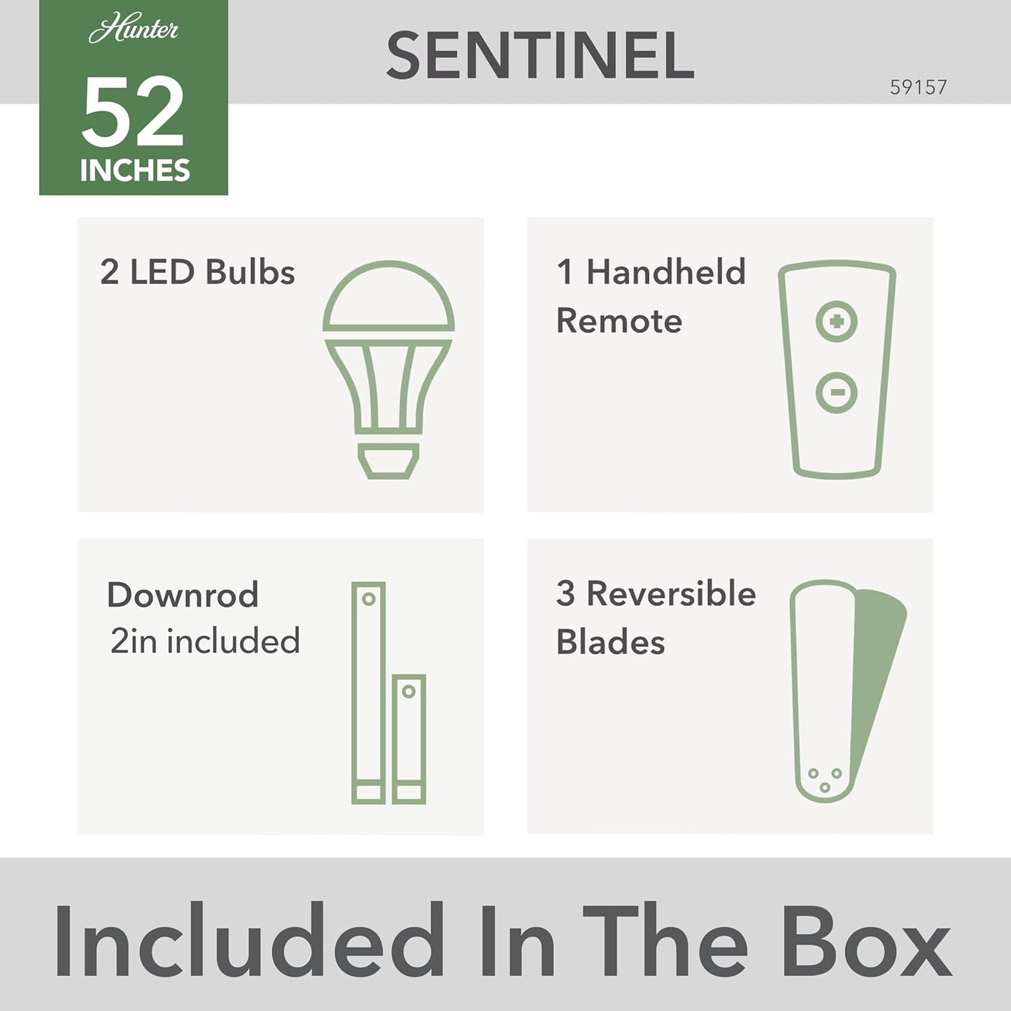 Hunter 52 inch Indoor Ceiling Fan with LED Light and Remote Control - Standard Mount Ceiling Fan, 3 Blades, For Bedroom, Living Room, or Kitchen - Sentinel 59157, Brushed Nickel