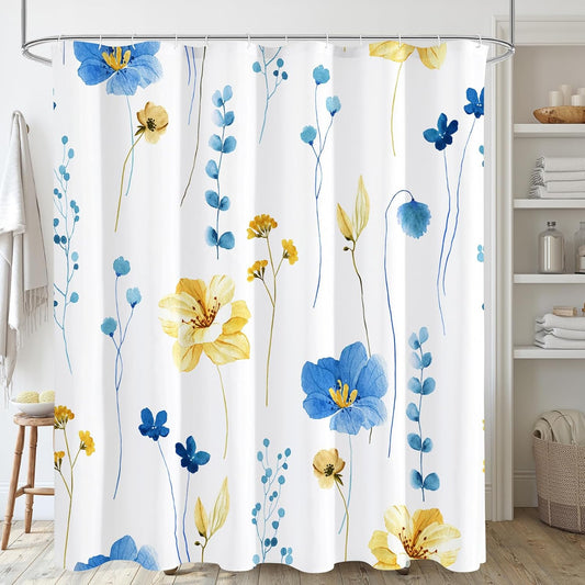 Gibelle Watercolor Floral Shower Curtain, Blue Yellow Flower Shower Curtain for Bathroom, Modern Minimalist Waterproof Fabric Shower Curtain Set with Hooks 72x72 Inch