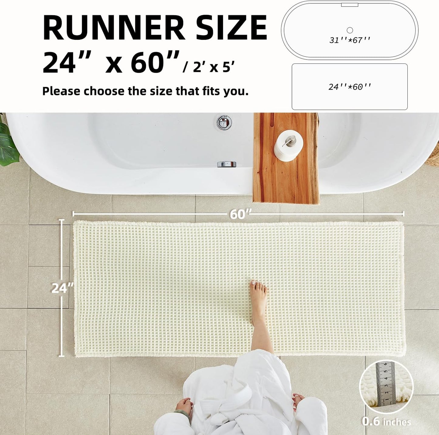 Cream White Long Bathroom Rugs, Waffle Runner Rug Bathroom Non Slip Washable Super Absorbent Quick Dry Boho Farmhouse Bath Mat, 60"x24" Cream White