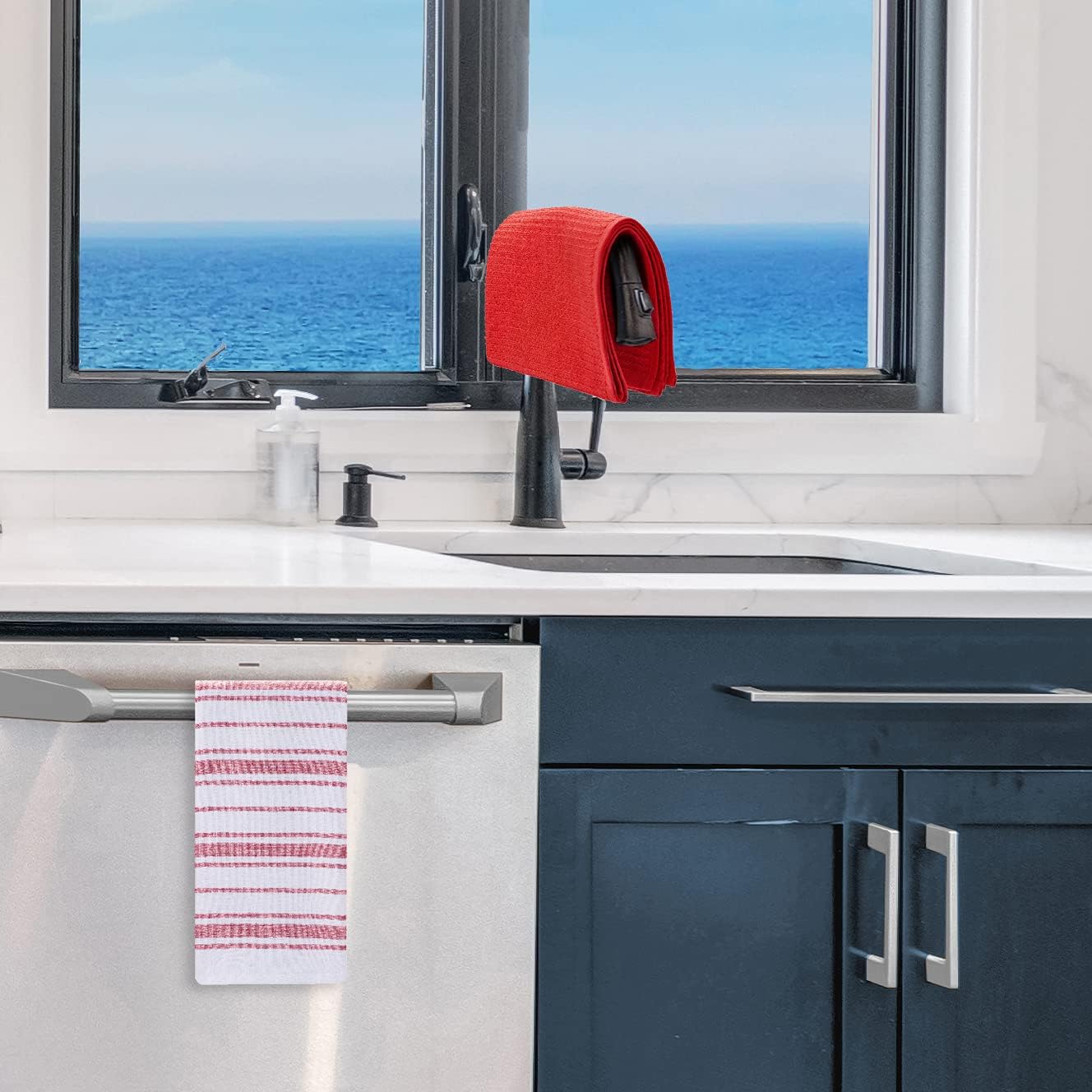 Nautica 100% Cotton Kitchen Towels Set of 3 | 18" X 28" Super Absorbent Reusable Cleaning Cloths, Tea Towels, Hand Towels for Drying Dishes | Red/Red Stripe Dish Towels for Kitchen Shops & Bars