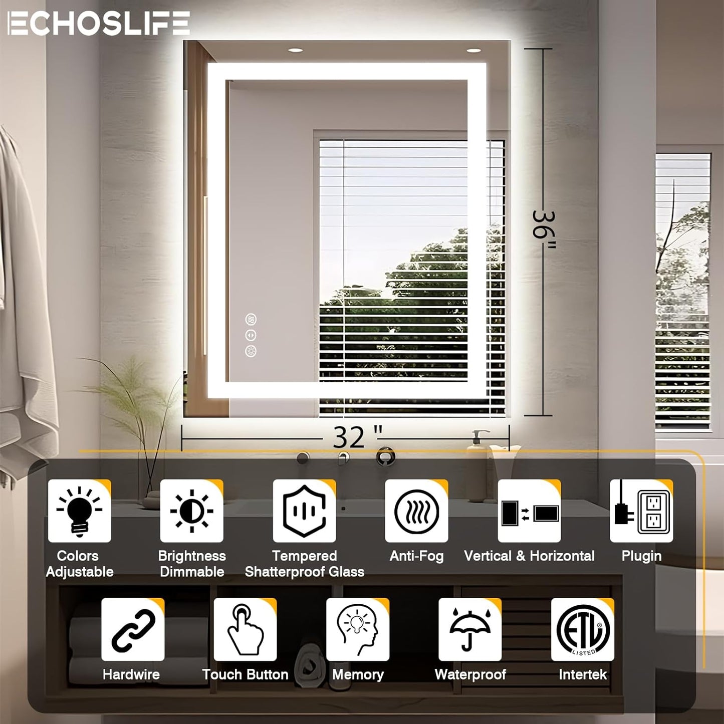 32"x36" LED Bathroom Mirror, Front and Backlit Mirror, Anti-Fog Vanity Mirror with Lights, Stepless Dimmable Illuminated, 3 Colors Smart Mirror (Horizontal/Vertical)