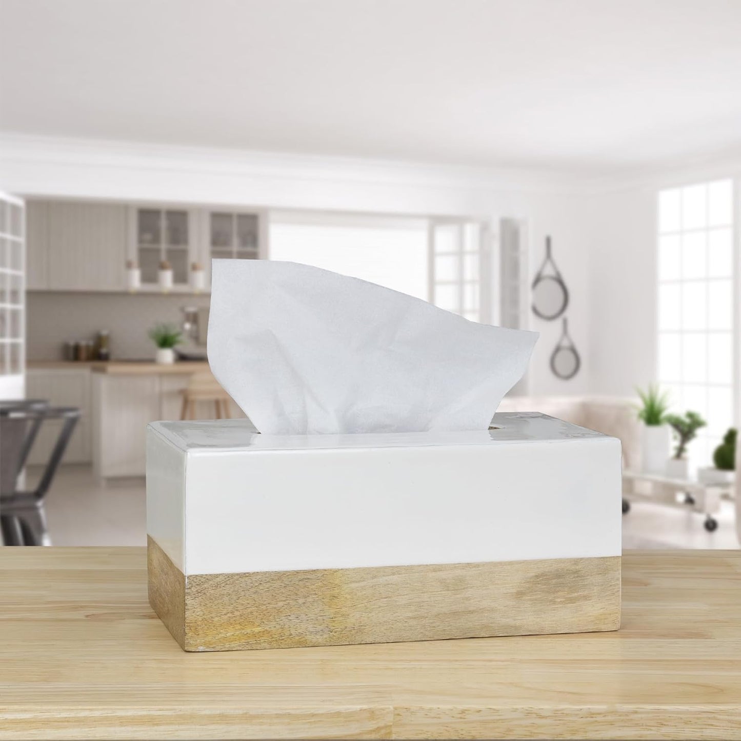 AuldHome Design Rectangular Tissue Box Cover (Enamel/Mango Wood); Minimalist Scandinavian Decor White Oblong Tissue Holder