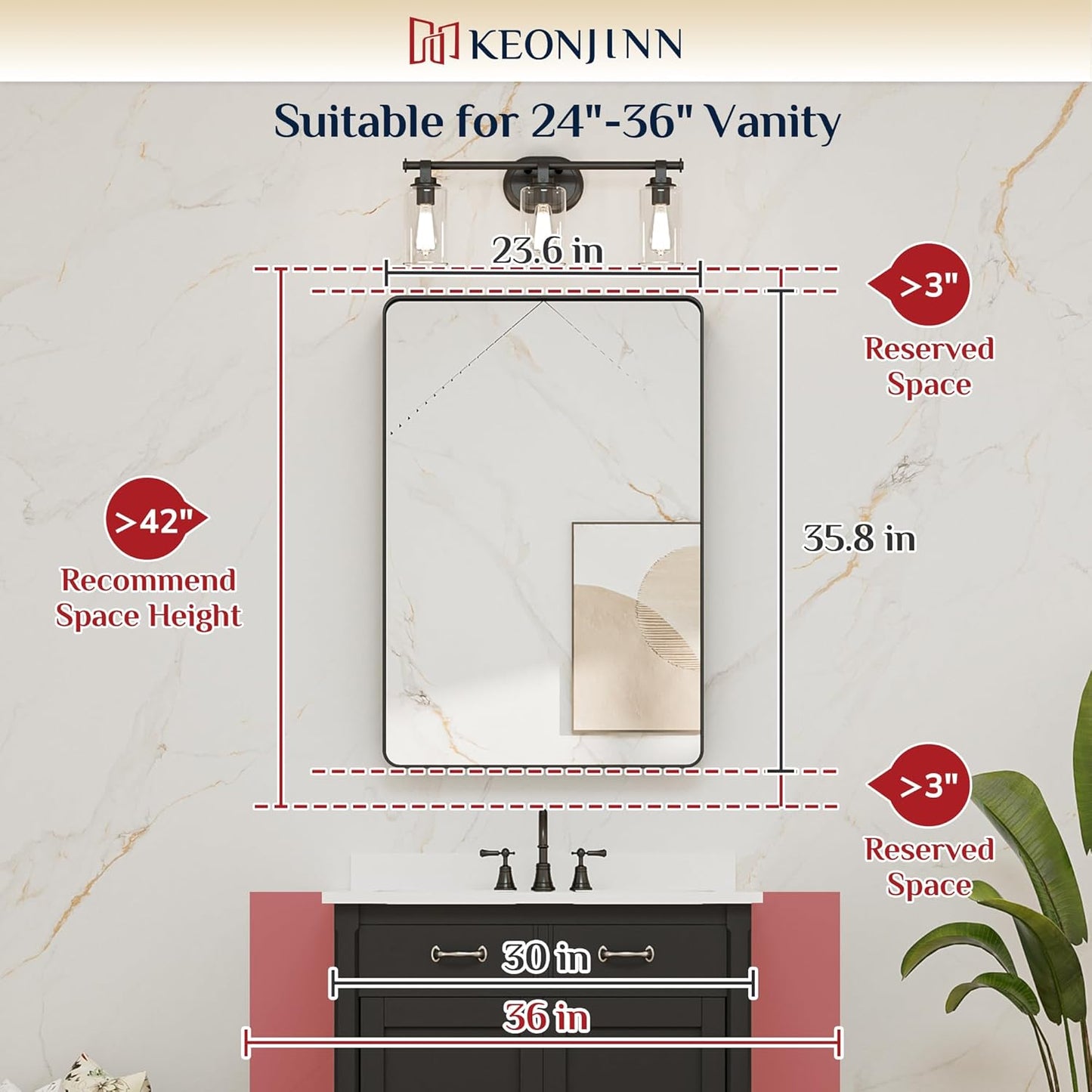 Keonjinn Black Bathroom Mirror for Vanity 24 x 36 Inch Metal Framed Wall Mirror Matte Black Rounded Rectangle Farmhouse Mirror, HD Tempered Glass, Wall-Mounted Decorative Mirrors(Horizontal/Vertical)
