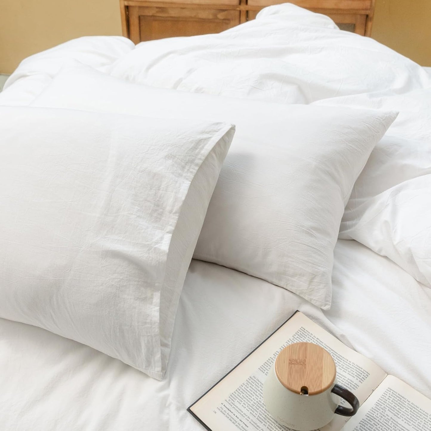 FOSSA White Duvet Cover Set, 100% Washed Cotton Linen Feel Super Soft Breathable Cozy 3 Pieces Bedding Sets Solid Off White Oversized Queen