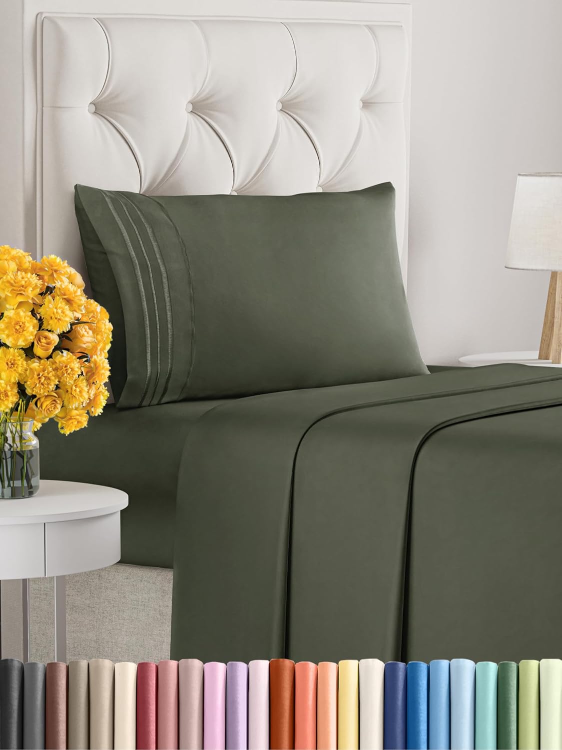 Twin Size 3 Piece Sheet Set - Extra Soft, Breathable & Cooling - Hotel Luxury Durable Bed Sheets for Women & Men - Deep Pockets, Easy-Fit & Wrinkle-Free - Dark Olive Grey Oeko-Tex