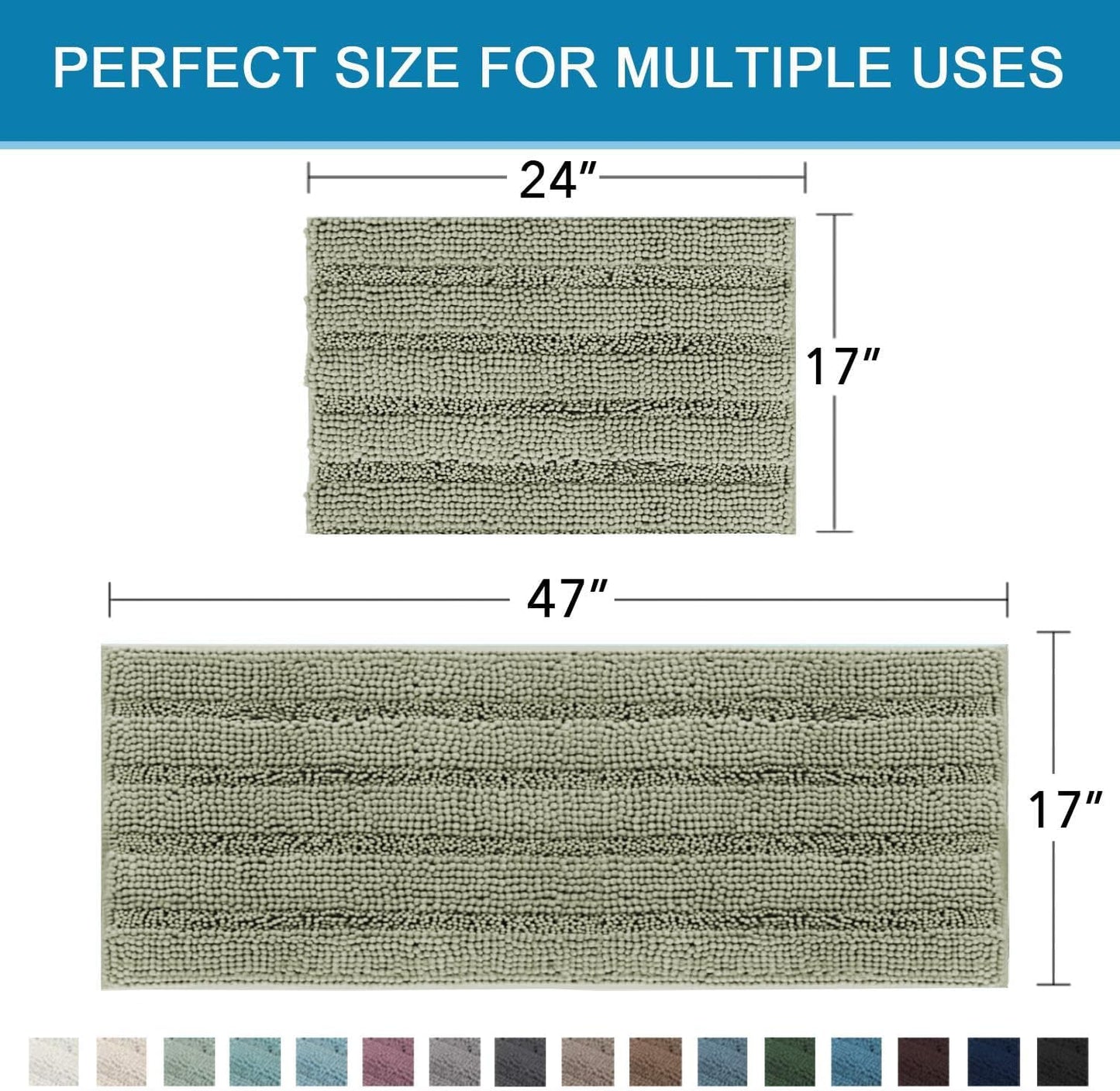 H.VERSAILTEX Bathroom Rug Sets 2 Piece Bath Mats Non Slip Thick Soft Chenille Striped Bath Rug achine Washable Shower Floor Rugs for Tub, Shower and Floor (Eucalyptus Green, 47" x 17"/17" x 24")