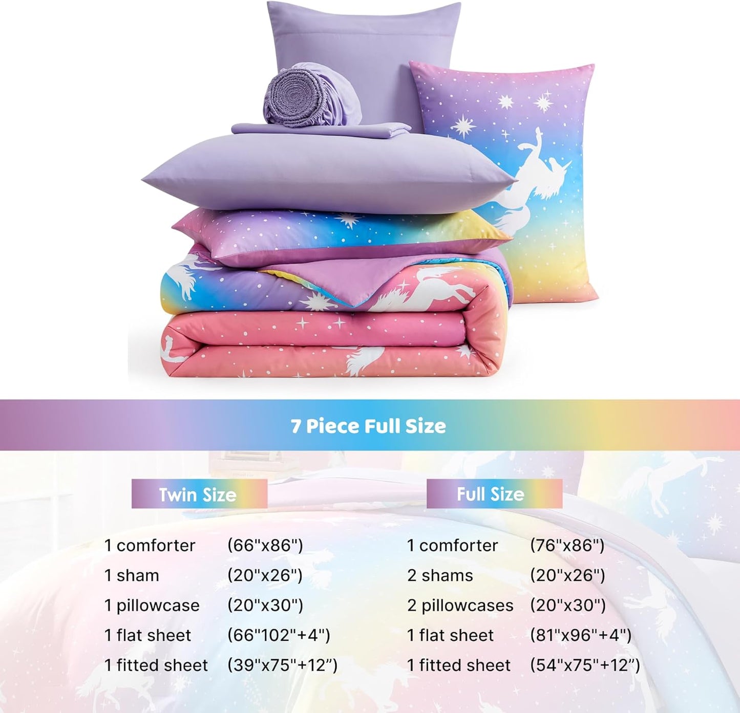 Full Size Comforter Set for Girls-7 Pieces Rainbow Unicorn Full Bedding Sets for Kids, Ultra Soft Bed in A Bag with Sheets