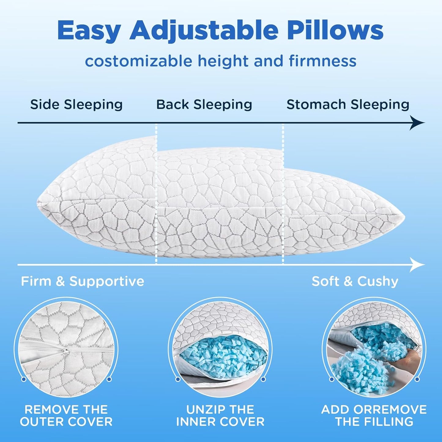 Side Sleeper Pillow for Side and Back Sleepers -Cooling Cervical Neck Pillows for Neck and Shoulder Pain Relief, Adjustable Shredded Memory Foam Pillows King Size Set of 2, Bed Pillow for Adults