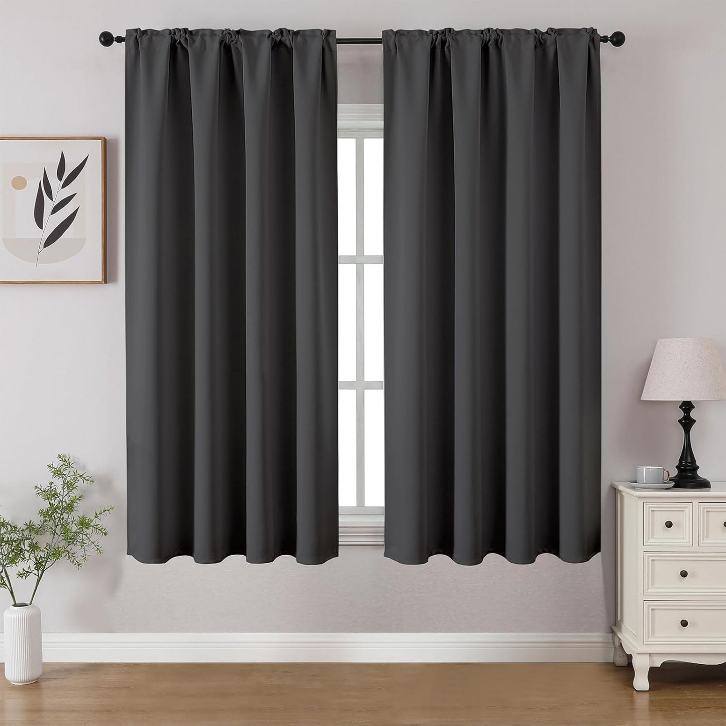 CUCRAF Dark Grey Blackout Curtains 45 inch Length 2 Panels Set, Rod Pocket Room Darkening Drapes for Bedroom Living Room, Insulated Thermal Light Blocking Window Curtain (W52 x L45 Inch)