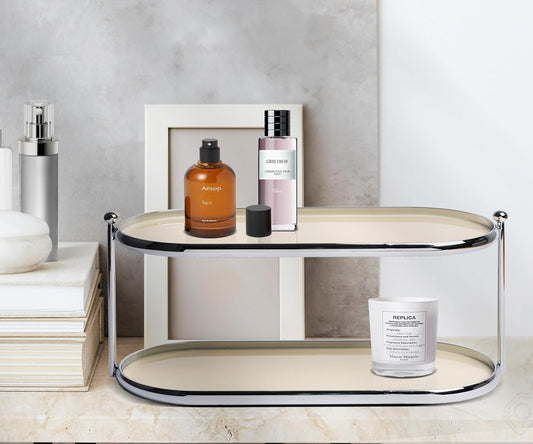 2 Tier Metal Frame Perfume Organizer in Stylish,and Minimalist Perfume Tray-Elegant Countertop Display Shelf for Skincare,Makeup,Trinket for Dresser,Vanity,Bathroom (Creamy White)