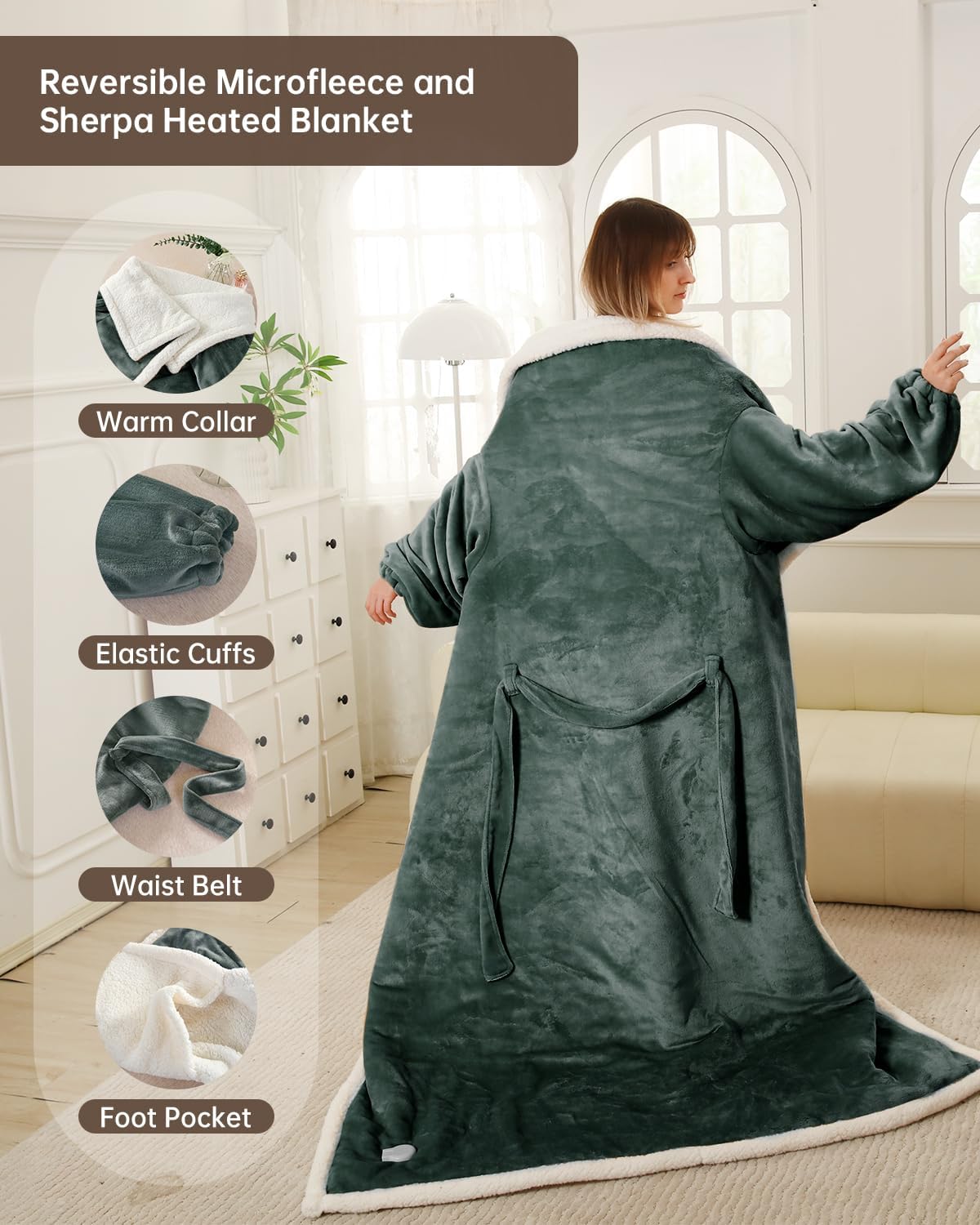 Electric Heated Blanket Throw Size with Foot Pockets & Sleeves, Wearable Washable Blanket Warmer for Home & Office, Cozy Soft Flannel 50" x 70", 9 Heat Levels, 1-9H Auto-Off, ETL Certified, Grey