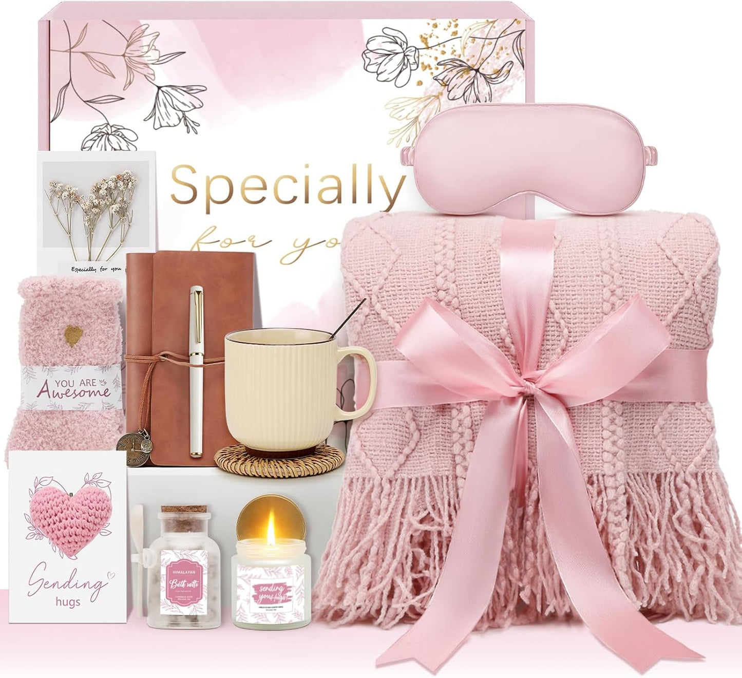 Get Well Gifts for Women Self Care Gift Basket - Birthday Gifts for Women Spa Care Package - Sympathy Inspirational Thinking of You Gift Set for Her Mom Sister Friend Wife Girlfriend (Pink)