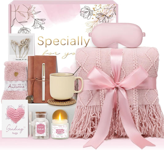 Get Well Gifts for Women Self Care Gift Basket - Birthday Gifts for Women Spa Care Package - Sympathy Inspirational Thinking of You Gift Set for Her Mom Sister Friend Wife Girlfriend (Pink)
