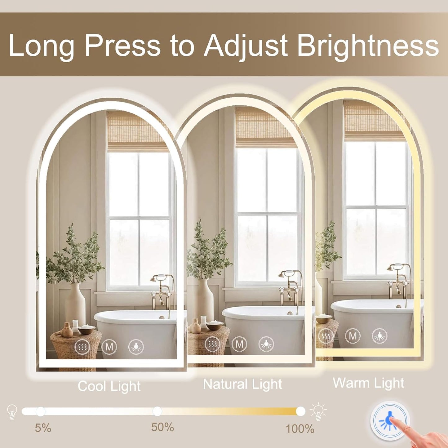 LED Bathroom Mirrors with Lights 24"x36" Arched Mirror for Wall,Led Vanity Mirror, Anti-Fog,LED Mirrors with Front Light and Backlit, Anti-Fog, Dimmable, 3 Color, Shatterproof, Touch Sensor